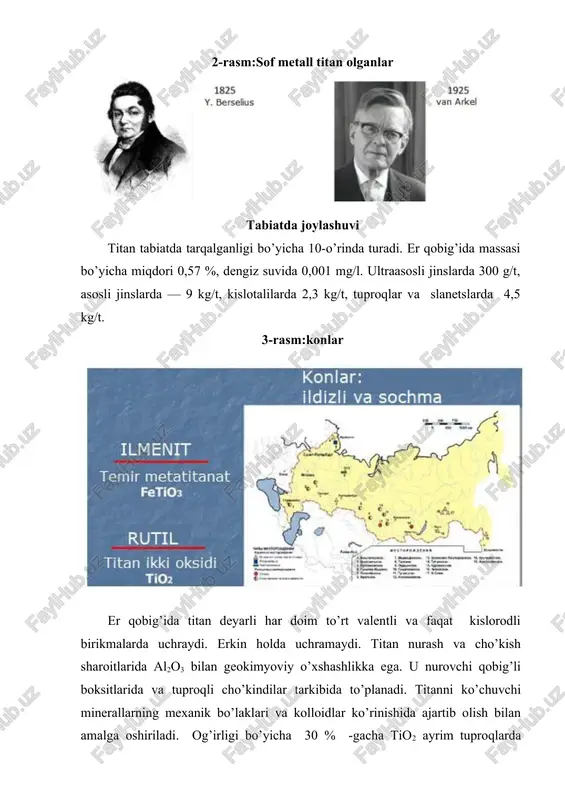po-avisma» kompaniyasi. fizikaviy xossalari titan — engil kumushrang-oq metall. ikki xil kristalli turi uchraydi: α-ti geksagonal zich joylashgan panjarali (a=2,951 å; s=4,679 å; z=2; fazoviy guruhi c6mmc), β-ti kubli hajmiy-markazlashgan joylanishli (a=3,269 å; z=2; fazoviy guruhi im3m), o’tish harorati α↔β 883 °c, δh o’tishi 3,8 kdj/mol. 6-rasm:titan tashqi ko’rinishlari suyuqlanish nuqtasi 1660±20 °c, qaynash nuqtasi 3260 °c, zichligi α-ti va β-ti mos ravishda 4,505 (20 °c) va 4,32 (900 °c) g/sm³ teng, atom zichligi 5,71·1022 at/sm³. plastik, inertli atmosferada payvandlanadi. solishtirma qarshiligi 20 °c da 0,42 mkom·m. yuqori darajali qovushqoqlikka ega. mexanik ishlov berishda suyuqlanishda kesuvchi asbobga yopishishga moyil va shuning uchun asbobga maxsus qoplamalar qoplash va turli surkov moylari surtish talab etiladi. odatdagi haroratda tio2 oksidning himoyali passivlashtiruvchi plenkasi qoplanadi, shu tufayli ko’pgina muhitlarda (ishqorlidan tashqari) zanglashga chidamli. titanli chang portlash xususiyatiga ega. chaqnash harorati 400 °c. titanli qirindi yong’inga xavfli. 7-rasm:oddiy moddaning tashqi ko’rinishi 8-rasm:yuqori darajali sof titan …