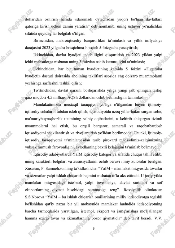yotga tegishli bo'lishidan qat'iy nazar bir yil mobaynida mamlakat hududida iqtisodiyotning barcha tarmoqlarida yaratilgan, iste'mol, eksport va jamg'arishga mo'ljallangan hamma oxirgi tovar va xizmatlarning bozor qiymatidir” deb ta'rif beradi. v.v. zolotachuk yaimni iqtisodiyotda tovar va xizmatlarni takror ishlab chiqarish jarayonlari bilan bog'laydi va “yaim ma'lum vaqt oralig'ida iqtisodiyotda yaratilgan hamma qo'shilgan qiymatlarni yig'indisi sifatida hisoblanadi va bozor narxlaridagi barcha mahsulotlar va oraliq mahsulot o'rtasidagi farqqa teng” deb ta'riflaydi. o'zbekistonlik olimlardan, iqtisod fanlari doktori a. mamatov “yaim - bu ma'lum vaqt oralig'ida (asosan bir yilda) mamlakat hududida ishlab chiqarilgan barcha pirovard mahsulotlar va xizmatlarni bozor bahosidagi qiymatlari yig'indisiga teng” deb ta'rif beradi va uni ilmiy abstraktsiya metodologiyasi bo'yicha alohida qismlarga bo'lib tahlil qiladi. mamlakatimizni yetakchi olimlaridan a. o'lmasov va a. vaxobovlar yaim to'g'risida quyidagi fikrni bildiradilar: “yaim deganda ma'lum davr mobaynida mamlakat ichida pirovard natijada yaratilgan tovar va xizmatlarning bozor qiymati tushuniladi. yaim bu oraliq, ya'ni qayta ishlanadigan mahsulot emas, balki …