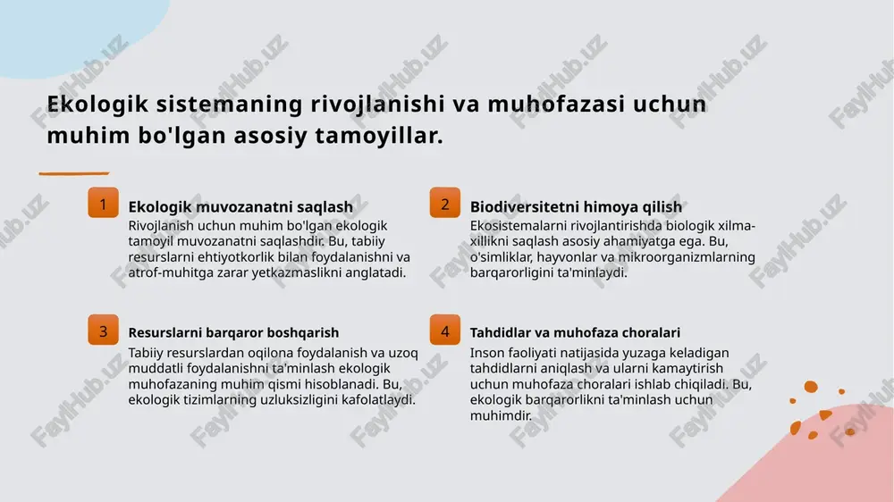 an adabiyotlar 1. akromov, s. ekologik tizimlar va ularning ahamiyati. o'zbekiston fanlar akademiyasi, 2018. 2. sobirov, m. biogeotsenozlar va ularning ekologik roli. toshkent davlat universiteti nashriyoti, 2019. 3. qodirova, d. o'simlik jamoalarining tuzilishi va rivojlanishi omillari. o'zbekiston ekologiya va atrof-muhitni muhofaza qilish instituti, 2020. 4. yusupov, a. ekologik sistemalar va biogeotsenozlar haqida ilmiy maqolalar to'plami. ekologiya jurnali, 2021. 5. tursunov, b. o'simlik jamoalarining ekologik omillari. o'zbekiston tarixiy va biologik ilmlar instituti, 2017. e'tiboringiz uchun rahmat! /docprops/thumbnail.jpeg