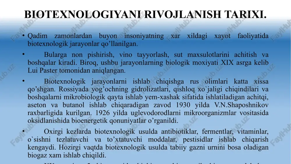 va uni urnini bosadiganlar); antibiotiklar (birinchi navbatda 4 - 5 avlodga mansub antibiotiklar); vitaminlar; o’simliklarni himoya qilish vositalari ishlab chiqarish. afsuski, yuqoridagilar hozirgacha mamlakatimizga tashqaridan, valyutaga keltiriladi. olimlarimizni, qolaversa bugungi kunda ta’lim olayotgan talabalarni oldilariga qo’yiladigan ko’p sonli masalalarni eng dolzarblari yuqoridagilardan iborat. biotexnologik jarayon bir necha etaplarga bo’linadi: biotexnologik muxitni tayyorlash. biotexnologik muxitni o`stirish. biotexnologik muxitni ajratish. biotexnologik muxitni tozalash. biotexnologik muxitni o`zgartirish (modifikasiya). biotexnologik muxit maxsulotidan foydalanish. biotexnologiya fanining vazifalari biotexnologiyaning birinchi navbatdagi vazifasi quyidagilarni yaratish va halq xo`jaligida keng qo’llanilishini aniqlash iborat: medisinada oldindan kasallikni aniqlashdan, yurak va qon-tomiri kasalliklarini, rak, irsiy infeksion, virus va boshqa kasalliklarni davolay oladigan biologik aktiv moddalar va dori-darmonlarni yaratish va qo’llash. o`simliklarni o`sishini boshqaruvchi moddalar, bakterial o’g’itlar, o`simliklarni kasalliklar va xashoratlardan ximoya qiladigan mikrobiologik vositalarni yaratish va qo’llash; genetik va hujayra injeneriyasi usulida xar xildagi noqulay sharoitlarga moslasha oladigan nav duragaylar yaratish. qimmatbaxo qo’shimcha ozuqa va biologik aktiv moddalar yaratib chorvachilikni …