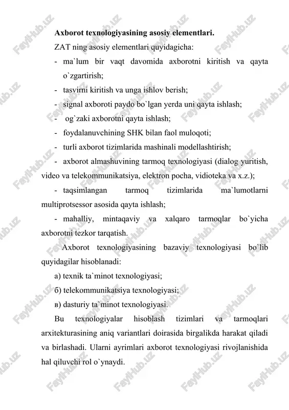 ni uzatish kabi ish rejimlari o`rtisidagi farq yo`qoladi. kompyuterlarni ishlatish uchun oddiy operatsiyadan murakkab jarayongacha bo`lgan bosqich o`taladi. ya`ni kompyuterni ishga tushirib vord yoki ehzel orqali ma`lumotlar joylashtiriladi. vordda asosan matnli yozuvlar, ma`lumotlar, raqamli ko`rsatmalar joylashtirilsa, ehzelda jadval (albomni yoki taxrirli) raqamlari joylashtiriladi. yuklamalar taxririyatdan o`tkazilib xotiralangandan so`ng printer qurilmasiga uzatiladi. kompyuterning cheksiz imkoniyatlaridan yana biri programmalashtirilgan masala, mashq va rasm, musiqa,... larni joylashtirish va yechilishi, rasmlarning ko`rinishi, musiqiy lahzalarni yaratilishi bilan bog`liq ishlar amalga oshiriladi. maqbul ishlar muxrlanib disket, kompaktdisklarga yoki ma`lumotlar jamlanmasiga saqlab qo`yiladi. o`zbekiston respublikasi pezidentining “kompyuterlashtirishni yanada rivojlantirish va axborot-komunikatsiya texnoologiyalarini joriy etish to`grisida”gi 2002 yil 30 maydagi pf-3080-sonli farmonini bajarish yuzasidan va axborot-komunikatsiya texnologiyalari sohasida strategik ustivorliklarni amalga oshrishga doir amaliy chora-tadbirlarni ta`minlash maqsadida vazirlar maxkamasining 2002 yil 6 iyunda qaror qabul qilindi. mazkur qarorda “2002-2010 yillarda kompyuterlashtirish va axborot komunikatsiya texnologiyalarini rivojlantirish dasturi”, kompyuterlash va axborot komunikatsiya texnologiyalarini “rivojlantirish bo`yicha muvofiqlashtiruvchi kengansh to`g`risida nizom …