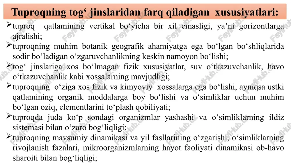 d ko‘rsatkichi bilan ifodalanadi. dengizlarda umuman ph ning qiymati ancha tug‘run bo‘lib, u taxminan 8,0 ga teng. quruqlikda esa yashash joyiga qarab ph o‘zgarib turadi; muayyan yashash joyi chegarasida ph tuproq gorizontlari bo‘yicha, ya’ni vertikal bo‘yicha o‘zgaradi. tuproqning yuza qatlami kislota hosil qiluvchi organik moddalarga boy bo‘lganligi uchun har doim kislotali bo‘ladi. tabiiy sharoitda tuproqning kislotaliligi iqlim, ona jins, tuproqning mineral va organik tarkibi, joyning relefi, shuningdek, o‘simliklar ta’sirida shakllanadi. masalan, yaylov va cho‘llarning arid (quruq) sharoitida neytral va ishqoriy tuproqlar sernam, sovuq iqlimli sharoitda esa kislotali tuproqlar ustunlik qiladi. gumid (nam) sharoitda yog‘ingarchilik ko‘p va temperatura past bo‘lganligi uchun o‘simliklar qoldig‘ining parchalanishi protsessi oxirigacha yetmaydi va suvda oson eriydigan ko‘p miqdordagi organik kislotalar hosil bo‘lishi bilan birga boradi. bu holda tuproqda ohak yetishmasligidan u kislotali reaksiyaga ega bo‘ladi. masalan, mo’tadil zonadagi ninabargli o‘rmonlar tuprog‘ining reaksiyasi ko‘pincha 5 ga yaqin, sfagnum moxi o‘sgan botqoqliklarda 4 ga teng yoki undan pastrok …