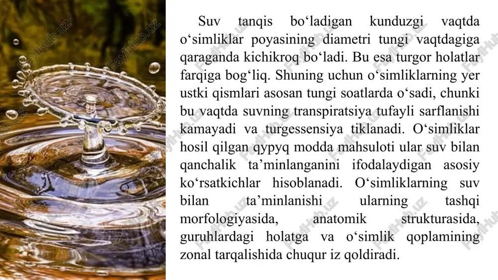 proq profili bo‘ylab tarqalishida chuqurlik oshgan sari namlik astasekin kamaya boradi; kapillyar-muallaq suvning harakatlanish tezligi uncha katta emas. kapillyar-menisk kuchi 5.tuprovdagi erkin suv og‘irlik kuchi ta’sirida vertikal siljish xususiyatiga ega. u yuqori darajada erituvchanlik samaradorligiga ega bo‘lib, erigan holatdagi tuzlar va kolloid eritmalar ana shu suv bilan birga harakatlanadi. tuproqda erkin suv ko‘p miqdorda bo‘lsa, o‘ta namlikka, botqoqlanishga va berchlanish protseeslarining kuchayishiga sabab bo‘ladi. erkin suv ba’zan gravitatsion, sizot, yuza borlangan va muz shaklidagi turlarga bo‘linadi. gravitatsion suv pastga yoki yon tomonga siljiydi, shuningdek, sizot suvlargacha yetib borib, ular sathining ko‘tarilishiga sabab bo‘ladi. sizot (grunt) suvlar tuproqning barcha bo‘shliqlari erkin suv bilan to‘lishidan yoki chuqur yer osti suvlari bosim kuchi ta’sirida ko‘tarilishidan hosil bo‘ladi. sizot suvlar sathi, odatda, tuproq yuzasi relefini takrorlaydi. sizot suvlar sathi yuqori bo‘lganda yoki ular kapillyarlar orqali yuqoriga ko‘tarilganda anaerob protsesslar rivojlanadi, arid iqlim sharoitida esa sizot suvlar ko‘p bug‘lanishi natijasida ko‘p miqdorda tuzlar to‘planadi. qumli …