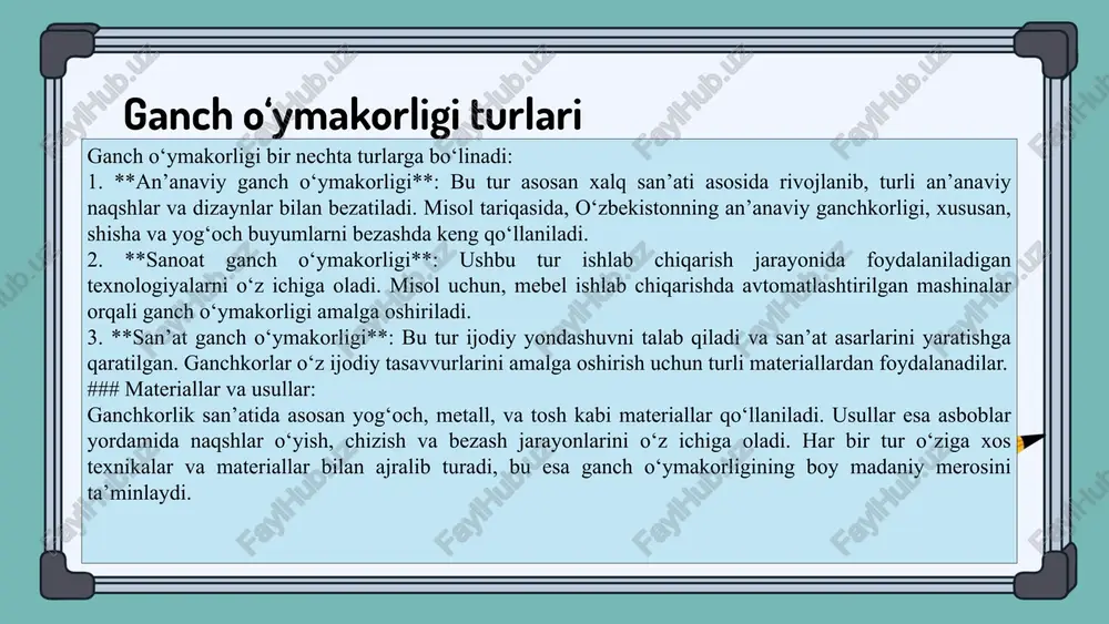 muddatli, turli shakllarda ishlov berish mumkin. - kamchiliklari: og‘ir va payvand qilish yoki kesish uchun maxsus asboblar talab etiladi. misollar: 1. **ganch**: ganchdan yasalgan haykallar va bezaklar. 2. **yog‘och**: yog‘ochdan tayyorlangan o‘rindiqlar yoki dekorativ elementlar. 3. **metall**: metalldan yasalgan qalamlar yoki haykallar. har bir material ganch o‘ymakorlikda o‘ziga xos uslub va ko‘rinish yaratadi. ganch o‘ymakorlikda ishlatiladigan asboblar ganch o‘ymakorlik jarayonida qo‘llaniladigan asboblar, ustalar tomonidan ishlov berish uchun zarur bo‘lgan vositalardir. quyida ganch o‘ymakorlikda keng qo‘llaniladigan beshta asbob va ularning funksiyalari keltirilgan: 1. **ganch o‘ymakor qalam** - o‘ymakorlik jarayonida chizish va reja tuzish uchun ishlatiladi. u qog‘ozda yoki bevosita yog‘och ustida belgilash uchun mo‘ljallangan. 2. **ganch o‘ymakor pichog‘i** - yog‘ochni kesish va o‘ymalar yaratish uchun asosiy asbob. bu pichoq turli o‘lcham va shakllarda bo‘lishi mumkin, har biri o‘ziga xos o‘ymalar yaratishga mo‘ljallangan. 3. **rasp** - yog‘ochni qiyin shakllarga keltirishda ishlatiladi. bu vosita bilan yog‘ochning sirtini tekislash va o‘ymalar o‘tkazish mumkin. 4. …