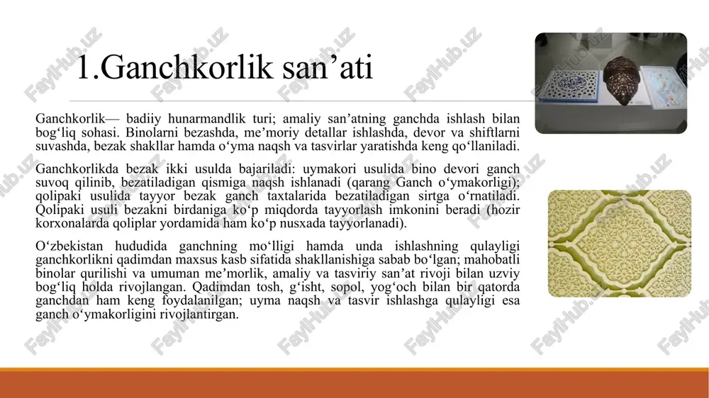 arida qadrlandi. hindistonda paxtadan nafis mato, xitoyda ipak mato to‘qiydigan dastgohlar vujudga keldi, xitoy va o‘rta osiyoda shisha tayyorlash texnologiyasi takomillasha bordi. ix-x asrlarda o‘rta osiyoda yirik hunarmandchilik markazlari paydo bo‘ldi. ip mato, gilam (urganch, shosh), shoyi (marv), mis va temirdan yarog‘-aslaha, pichoq tayyorlash (farg‘ona), shoyi matolar, shisha mahsulotlari tayyorlash (buxoro) avj oldi. xiii asrda mo‘g‘ullar bosqini hunarmandchilik rivojiga zarba berdi. temuriylar davlatining vujudga kelishi hunarmandchilik rivojiga juda katta ijobiy ta’sir ko‘rsatdi. hunarmandchilikning ijtimoiy strukturasida usta, xalfa va shogird kabi ijtimoiy toifalar mavjud bo‘lgan. hunarmandchilikning ichki tartib va qoidalarini uning nizomi sifatidagi "risolalar" belgilab bergan. har bir kasbning o‘z rahnamosi, ya’ni piri va "risolasi" bo‘ lgan, avloddan-avlodga o‘tuvchi odatlari va udumlariga rioya etilgan. xx asrning 20 - yillarida hunarmandlarning asosiy qismi dastlab artellarga, keyinchalik, zavod, fabrikalarga, badiiy buyumlar korxonalariga jalb qilindi. ularga xom ashyo, material, asbob-uskunalar davlat tomonidan yetkazib beriladigan, yaratilgan mahsulotlar do‘konlarda sotiladigan bo‘ldi. iste’dodli hunarmandlar ijodiy tashkilotlarga qabul …