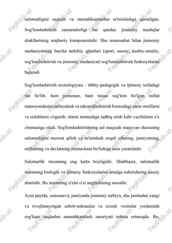 maviy sport bilan muntazam shug'ullanishi uchun zamon talablariga mos shart-sharoitlar yaratish, sport musobaqalari orqali yoshlarda o'z irodasi, kuchi va imkoniyatlariga bo'lgan ishonchni mustahkamlash, mardlik va vatanparvarlik, ona vatanga sadoqat tuyg'ularini kamol toptirish, shuningdek, yoshlar orasidan iqtidorli sportchilarni saralab olish ishlarini tizimli tashkillashtirish hamda jismoniy tarbiya va ommaviy sportni yanada rivojlantirishga yo'naltirilgan keng ko'lamli ishlar amalga oshirilmoqda. yoshlarni bo'sh vaqtlarini mazmunli tashkil etish ularni salomatligini asrab avaylash, mustahkamlash maqsadida ommaviy sport turlariga jalb etish va aholi salomatligini mustahkamlash borasida ijtimoiy muhitga ommaviy sportni jalb etish borasida bir qancha ishlar amalga oshirilmoqda. sog'lom turmush tarzi va tibbiy madaniyat va sport uyg'unligi borasida yosh avlodga tushnchalar berib, ongiga singdirish bugungi kunning dolzarb fazifalaridandir. inson tirik biologik mavjudotdir. demak uning rivojlanishiga tabiat qonunlari, biologik va ijtimoiy-iqtisodiy qonuniyatlari u’zviy ta’sir e’tadi, insonni kamol toptiradi. inson xayot faoliyati davomida o’zgarib, shakllanib rivojlanib boradi. rivojlanish bu bola vaznining oshishi, suyak va mushak sitsemasi, tanosil a’zosi faoliyatining kamol …