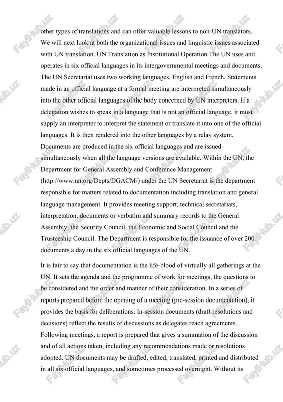 nd the order and manner of their consideration. in a series of reports prepared before the opening of a meeting (pre-session documentation), it provides the basis for deliberations. in-session documents (draft resolutions and decisions) reflect the results of discussions as delegates reach agreements. following meetings, a report is prepared that gives a summation of the discussion and of all actions taken, including any recommendations made or resolutions adopted. un documents may be drafted, edited, translated, printed and distributed in all six official languages, and sometimes processed overnight. without its documentation, the work of a un intergovernmental body may grind to a halt. the provision of documentation involves the following processes (see http://www.un.org/depts/dgacm/): (1) documentation programming and monitoring: this first step in document processing involves reviewing the mandates from intergovernmental bodies for the preparation of reports, allocating the responsibilities for document preparation among author departments, determining admissibility of documents and monitoring …