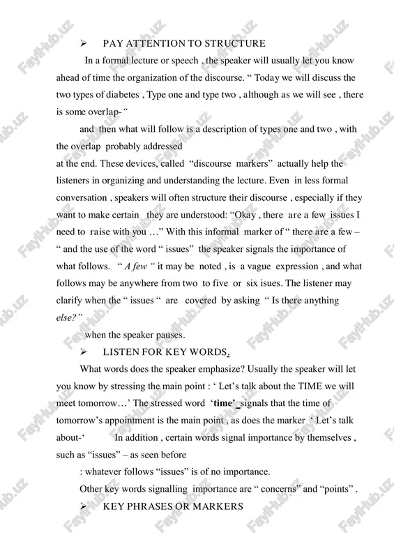 ntic speech instead of artificial dialogue or written speech which is read the listener is usually helped by visual information which facilitates understanding. we can see the speaker and his expressions. listeners would have ‘expectations’ about how a conversation might go, what they are going to hear and what their interlocutor is going to say. the implication is that there should be pre listening activities for what they will hear. 1.2.good methods for teaching this following ideas will help make your listening activities successful  noise reduce distractions and noise during the listening segment. you may need to close doors or windows or ask children in the room to be quiet for a few minutes  equipment if you are using a cassette player, make sure it produces acceptable sound quality. bring extra batteries or an extension cord with you  repetition read or play the text a total of …