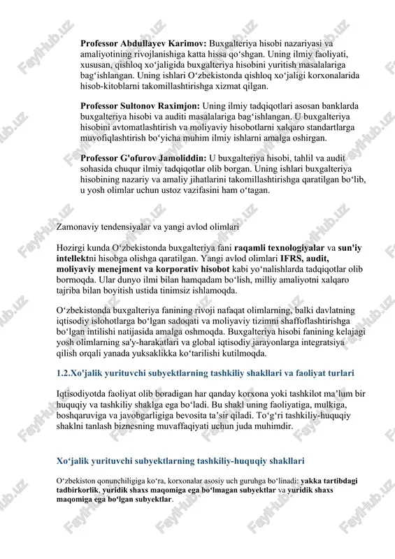 yillari (1991-yildan hozirgacha): mustaqillikning ilk yillaridan boshlab, bozor iqtisodiyotiga oʻtish bilan buxgalteriya hisobini isloh qilish zarurati paydo boʻldi. bu jarayon ikki asosiy yoʻnalishda olib borildi: milliy buxgalteriya standartlari (mbs) ni ishlab chiqish va joriy etish. xalqaro moliyaviy hisobot standartlari (ifrs) ni oʻrganish va amaliyotga joriy etish. bu davrda koʻplab olimlar va amaliyotchi mutaxassislar islohotlarning nazariy va amaliy asoslarini yaratishda faol ishtirok etishdi. ular xorijiy tajribani oʻrganib, uni oʻzbekiston sharoitiga moslashtirish ustida ishladilar. buxgalteriya faniga hissa qoʻshgan olimlar oʻzbekistonda buxgalteriya fanining rivojiga oʻzining ilmiy va pedagogik faoliyati bilan ulkan hissa qoʻshgan bir qator olimlarni alohida ta'kidlash lozim: professor vahobov alisher vahobovich: u oʻzbekistonda buxgalteriya hisobi fanining zamonaviy asoslarini yaratgan yetuk olimlardan biridir. uning darsliklari, monografiyalari va ilmiy maqolalari bu soha mutaxassislarining bir necha avlodi uchun asosiy manba boʻlib xizmat qiladi. u buxgalteriya hisobining moliyaviy, boshqaruv va soliq hisobi yoʻnalishlariga doir koʻplab ilmiy ishlar muallifi. professor abdullayev karimov: buxgalteriya hisobi nazariyasi va …