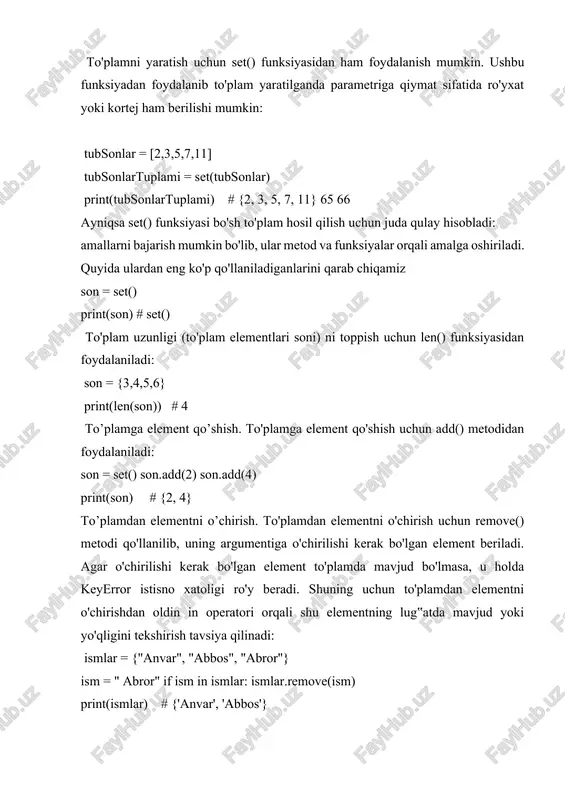 2, 3, 3, 2]) print(my_set) # natija: {1, 2, 3} — takroriy elementlar olib tashlandi set xususiyatlari xususiyat tavsifi tartiblanmagan elementlar qanday tartibda kiritilgan bo‘lsa ham, u saqlanmaydi noyob elementlar har bir element faqat 1 marta bo‘ladi o'zgaruvchan (mutable) set'ga element qo‘shish yoki olib tashlash mumkin indekssiz elementlarga indeks orqali murojaat qilib bo‘lmaydi set bilan asosiy amallar element qo‘shish my_set = {1, 2} my_set.add(3) print(my_set) # {1, 2, 3} bir nechta element qo‘shish my_set.update([4, 5]) elementni o‘chirish my_set.remove(2) # agar element mavjud bo'lmasa → xatolik my_set.discard(10) # xatolik chiqarmaydi, xavfsizroq tozalash my_set.clear() tasodifiy elementni olib tashlash my_set.pop() # har qanday elementni olib tashlaydi setlar ustida matematik amallar set’lar ustida matematik to‘plamlar kabi amallar bajarish mumkin: amal sintaksis tavsif birlashma set1.union(set2) ikkala to‘plamdagi barcha elementlar kesishma set1.intersection(set2) ikkala to‘plamda mavjud bo‘lganlar farq set1.difference(set2) set1 da bor, lekin set2 da yo‘q simmetrik farq set1.symmetric_difference(set2) faqat birida mavjud bo‘lgan elementlar misol: a = …