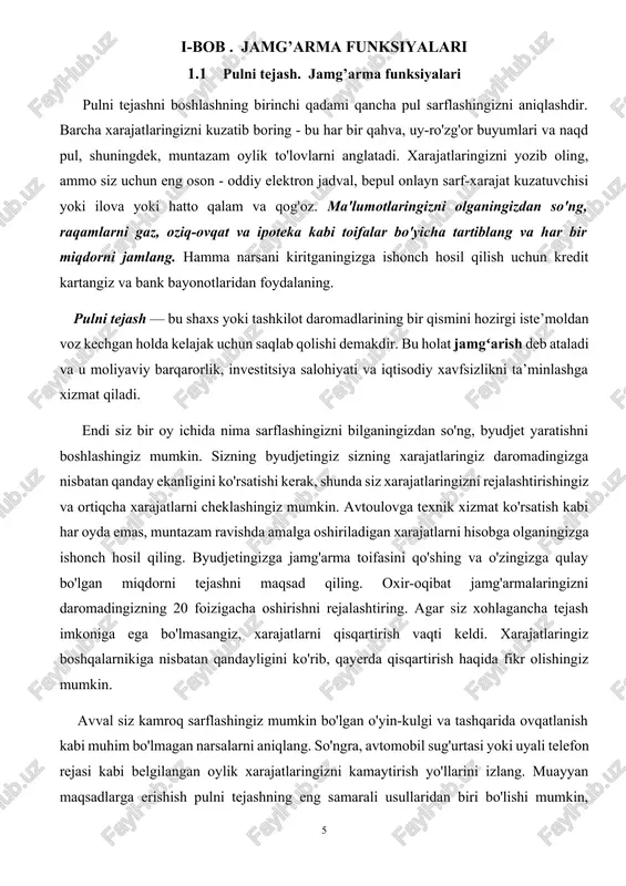 mumkin. omonatlaringizni qanday taqsimlash haqida aniq tasavvurga ega bo'lish uchun jamg'arma maqsadlaringizga qanday ustuvorlik berishni bilib oling. xarajatlaringiz va daromadlaringizdan keyin sizning maqsadlaringiz jamg'armalaringizni qanday taqsimlashingizga katta ta'sir ko'rsatishi mumkin. misol uchun, umumiy byudjet masalasi qarzni to'lash, tejash yoki investitsiya qilishdir. ushbu interaktiv vosita qaror qabul qilishingizga yordam beradi. hayotda moliyaviy barqarorlikka erishishning eng asosiy tamoyillaridan biri shuki: agar kirim chiqimdan oshsa — jamg‘arma ortadi. zamonaviy iqtisodiyot sharoitida insonlar moliyaviy jihatdan ongli qarorlar qabul qilishga tobora ko‘proq e’tibor qaratmoqda. shunday muhim iqtisodiy xatti-harakatlardan biri bu — pulni tejashdir. pulni tejash — insonning daromadlarining bir qismini iste’mol qilmay, kelajak uchun saqlab qo‘yishi bo‘lib, bu faoliyat ko‘pincha jamg‘arish deb ataladi. jamg‘arish iqtisodiy barqarorlikning asosi, shaxsiy moliyaviy xavfsizlikning kafolati, davlat va jamiyatning iqtisodiy rivojlanishidagi muhim vositadir. pulni tejashning zarurati. har bir inson yoki uy xo‘jaligi moliyaviy jihatdan mustaqil bo‘lishni istaydi. bunga erishishning asosiy vositasi — maqsadli va rejali tejashdir. tejash odatda daromad va …
