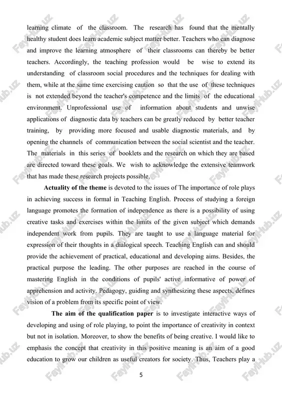 d the teacher's competence and the limits of the educational environment. unprofessional use of information about students and unwise applications of diagnostic data by teachers can be greatly reduced by better teacher training, by providing more focused and usable diagnostic materials, and by opening the channels of communication between the social scientist and the teacher. the materials in this series of booklets and the research on which they are based are directed toward these goals. we wish to acknowledge the extensive teamwork that has made these research projects possible. actuality of the theme is devoted to the issues of the importance of role plays in achieving success in formal in teaching english. process of studying a foreign language promotes the formation of independence as there is a possibility of using creative tasks and exercises within the limits of the given subject which demands independent work from pupils. they are taught …