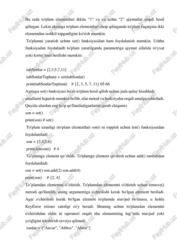 ) # false issuperset() metodi qaralayotgan to'plam boshqa to'plamni (argumentida berilgan) o'z ichiga olishi yoki olmasligini tekshirish uchun ishlatiladi: famil = {"axmad", "sardor", "ikrom"} ism = {"sardor", "ikrom"} print(ism.issuperset(famil)) # false print(famil.issuperset(ism)) # true frozenset. frozenset - o'zgartirib bo'lmaydigan to'plamlarni yaratish uchun ishlatiladi. ushbu turdagi to'plamga yangi element qo'shish, o'chirish yoki element qiymatini o'zgartirishga ruxsat berilmaydi. frozenset turidagi to'plam odatda ro'yxat, kortej yoki oddiy to'plam (set) orqali hosil qilinadi: famil = {"axmad", "sardor", "ikrom"} fam = frozenset(famil) print(fam) # frozenset({'sardor', 'ikrom', 'axmad'}) frozenset turidagi to'plamlar ustuda quyidagi amallarni bajarish mumkin: len(s) – s to'plam uzunligi (elementlari soni)ni qaytaradi; x in s – true qiymat qaytaradi, agar x element s to'plamning tarkibida mavjud bo'lsa; x not in s – true qiymat qaytaradi, agar x element s to'plamning tarkibida mavjud bo'lmasa; s.issubset(t) – true qiymat qaytaradi, agar t to'plam s to'plamni o'z ichiga olsa; s.issuperset(t) – true qiymat qaytaradi, agar s to'plam …