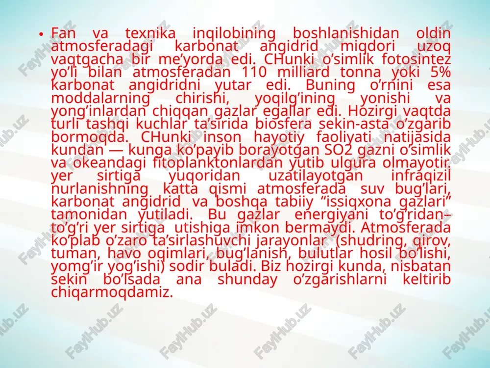 lektr stansiyalarida yoqilg’ilarning to’liq yonmasligi oqibatida yuz minglab trubalardan turli miqdorda zaharli gazlar havoga chiqib, ba’zilari esa yer yuzasiga tushganda, boshqalari atmosfera qatlamlarida uzoq vaqtgacha saqlanishi mumkin. sanoat tarmoqlari havoga turli zaharli modda va gazlar chiqarish bilan bir qatorda atmosferadan juda katta miqdorda kislorod yutadi, masalan, bir tonna cho’yanni rudadan ajratib olish uchun 150 m3, bir tonna po’lat olish uchun 35-70 m3, bir tonna ammiak olish uchun 500 m3 va bir tonna atsetilen olish uchun 3600 m3 kislorod ketadi. po’lat eritib olish uchun kislorodga bo’lgan talab keyingi yillarda 2,6 marta, domna pechlarida 4,2 marta oshdi. umuman sanoat tarmoqlarida kisloroddan foydalanish keyingi besh yil ichida besh baravarga oshdi. xulosa mutaxassislarning ma’lumotlariga qaraganda, har yili bizning respublikamizning atmosfera havosiga to’rt million tonnaga yaqin zararli moddalar qo’shilmoqda. shundan 50% i uglerod oksidi, 15% i uglevodorod chiqindilari, 14% i oltingugurt oksidi, 9% i azot oksidi, 8% i qattiq moddalar va 4% ga yaqini o’ziga …