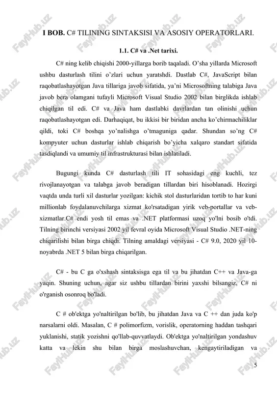 ing turli xil dialektlarini o'z ichiga oladi, masalan, delphi. net. tuzilganida, ushbu tillarning har qanday biridagi kod .net platformasi uchun assambleyerning bir turi bo'lgan umumiy o'rta til (cil) tarkibiga yig'iladi. shuning uchun, ma'lum sharoitlarda biz bitta dasturning alohida modullarini alohida tillarda tayyorlashimiz mumkin. 2. o'zaro faoliyat platforma. .net ko'chma (ba'zi cheklovlar bilan). masalan, hozirgi vaqtda platformaning so'nggi versiyasi - .net 5 eng zamonaviy windows, macos, linux operatsion tizimlarida qo'llab-quvvatlanadi. .net platformasidagi turli xil texnologiyalardan foydalangan holda siz c # da turli xil platformalar uchun dasturlar ishlab chiqishingiz mumkin - windows, macos, linux, android, ios, tizen. 3. kuchli sinf kutubxonasi. .net barcha qo'llab-quvvatlanadigan tillar uchun bitta sinf kutubxonasini taqdim etadi. va har qanday dasturni c # -ga yozmoqchimiz - matn muharriri, suhbat xonasi yoki murakkab veb-sayt - bu holda biz .net sinf kutubxonasidan foydalanamiz. 4. texnologiyalarning xilma-xilligi. umumiy tilni ishlash vaqti clr va asosiy sinf kutubxonasi dasturchilar dasturlarni yaratish uchun foydalanishi …