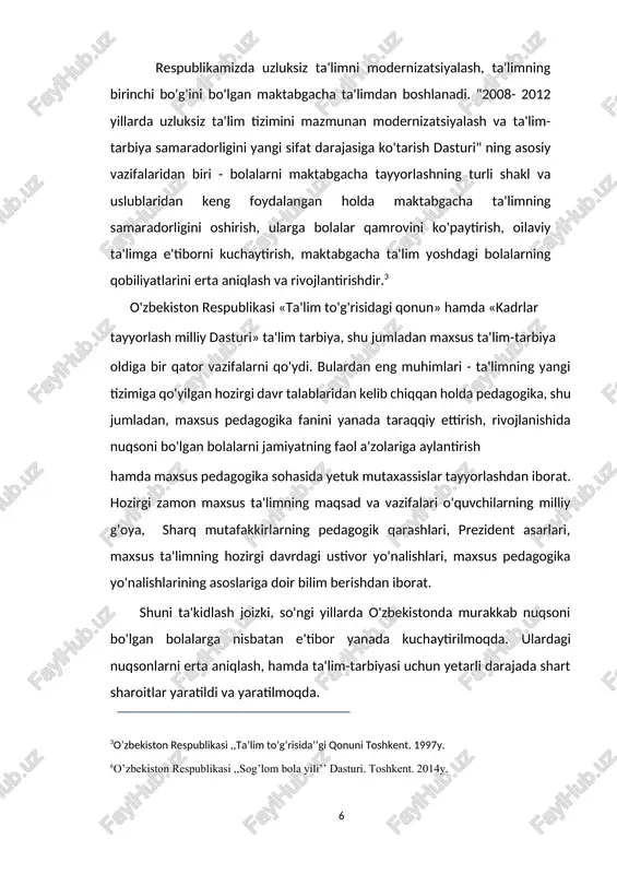 ech kim dahl qilolmaydigan huquqqa ega va davlat bolaning yashashi hamda rivojlanishini ta’minlashga majbur’’ deb belgilab qo’yilgan. o’zbekiston respublikasining ,,bola huquqlari kafolatlari to’g’risida’’gi qonunining 8 – moddasida: ,,bolaning hayotga huquqini kafolatlash. hayotga bo’lgan huquq har bir bolaning dahl qilib bo’lmaydigan huquqidir. bolaning hayotiga qasd qilish og’ir jinoyat hisoblanadi. davlat sog’lom bola tug’ilishi va rivojlanishini taminlash uchun sharoit yaratish’’ haqida.5 maxsus psixologiya, pedagogika, metodika fanlarining umumiy masalalari, rivojlanishda nuqsoni bo'lgan bolalarning (intellektida, eshitishida, ko'rishida va nutqida) rivojlanish xususiyatlari, maktabgacha ta'lim maxsus muassasalarining tizimi, fan metodlari, murakkab nuqsoni bo'lgan bolalarning psixologik- pedagogik tavsifi, murakkab nuqsonlarning sabablari, murakkab nuqsoni bo'lgan bolalarni tarbiyalashdir. jahonda bolalikni ijtimoiy-huquqiy himoya qilish amaliyotda, bolalarning o’ziga xos murakkab sharoitlarda mavjud bo’lgan va shuning uchun har qanday rivojlangan jamiyatning kamroq himoyalangan qismi hisoblanuvchi bir nechta kategoriyalari ajratiladi. ular orasida aqliy faoliyati rivojlanishdan orqada qolgan; sensor, harakat, hissiy-irodaviy jabhalar rivojlanishi ham oqsayotgan bolalarning alohida guruhi ajratilgan. bu bolalarning hayot faoliyati va …