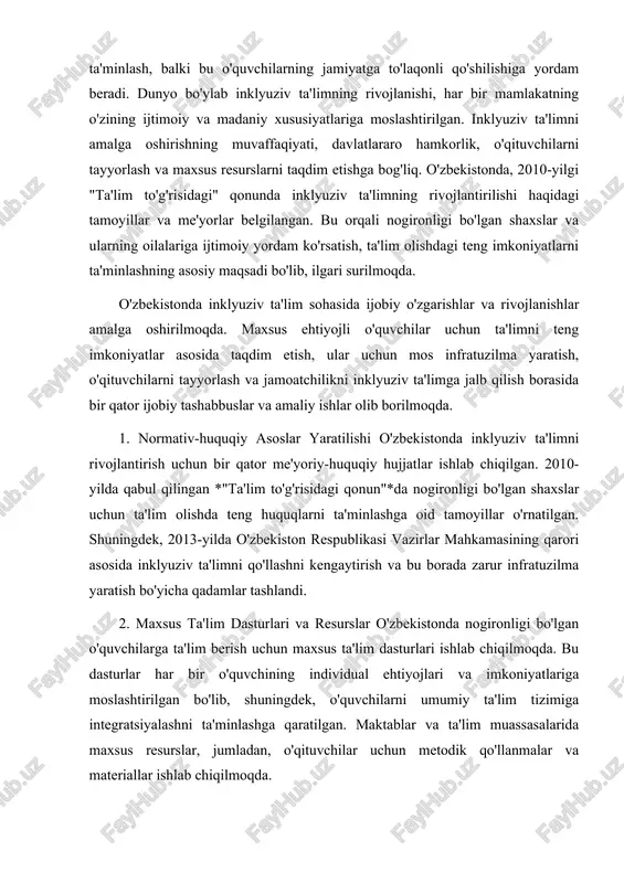 im muassasalarida maxsus resurslar, jumladan, o'qituvchilar uchun metodik qo'llanmalar va materiallar ishlab chiqilmoqda. 3. o'qituvchilarni tayyorlash va malaka oshirish o'zbekistonda inklyuziv ta'limni amalga oshirish uchun o'qituvchilarni tayyorlash va ularning malakasini oshirishga alohida e'tibor berilmoqda. maxsus ehtiyojli o'quvchilar bilan ishlash uchun pedagoglar va ta'lim sohasidagi mutaxassislar o'qitilmoqda. o'zbekiston respublikasi ta'lim vazirligi tomonidan inklyuziv ta'limga oid malaka oshirish kurslari, seminarlar va treninglar tashkil etilmoqda. 4. ta'lim muassasalarida infratuzilma yaratuvchi loyihalar maktablar va boshqa ta'lim muassasalarida maxsus ehtiyojlari bo'lgan o'quvchilar uchun qulay sharoitlar yaratish bo'yicha infratuzilma yaratilmoqda. maktablarda liftlar, nogironlik bo'lgan shaxslar uchun moslashtirilgan sinfxonalar, o'quv materiallari va texnologiyalar ishlab chiqilmoqda. bu sharoitlar nogironligi bo'lgan bolalar uchun ta'lim olishni qulaylashtiradi va ularning jamiyatga integratsiyasini ta'minlaydi. 5. jamiyatda inklyuziv ta'limni tushunish va qabul qilish o'zbekistonda inklyuziv ta'limga ijtimoiy qabulni oshirish va jamiyatni bu sohada xabardor qilish uchun turli targ'ibot ishlari olib borilmoqda. o'qituvchilar, ota-onalar va jamoatchilikni inklyuziv ta'limga jalb qilish, nogironligi bo'lgan bolalar uchun …