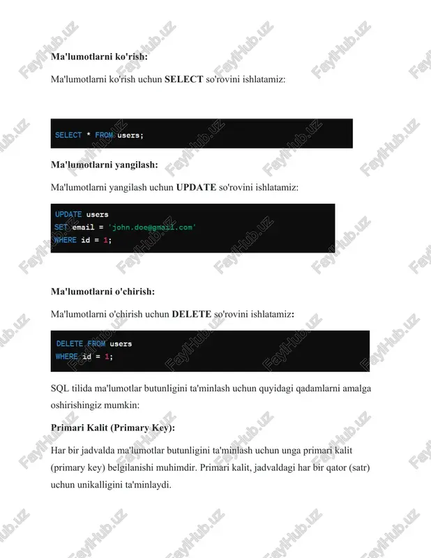 tartibida ko'rsatiladi. ushbu sql buyruqlari orqali, ma'lumotlarni aniqlash va ularga amal qilishni o'rganishimiz mumkin. concat() funksiyasi: concat() funksiyasi, satrlarni bir-biriga qo'shish uchun ishlatiladi. bu misolda first_name va last_name ustunlari yig'indisini olish uchun concat() funksiyasi ishlatilgan. upper() va lower() funksiyalari: upper() va lower() funksiyalari esa matndagi harflarni, birinchi so'zini katta harfda yoki kichik harfda qaytarish uchun ishlatiladi. bu misolda column_name ustunidagi matndagi harflar upper() va lower() funksiyalari orqali o'zgartiriladi. length() va substring() funksiyalari: length() funksiyasi matn uzunligini hisoblash uchun, substring() funksiyasi esa matnni belgilangan indeksga qarab kesib olish uchun ishlatiladi. bu misolda column_name ustunidagi matnni uzunligini olish va birinchi 3 ta belgini olish uchun length() va substring() funksiyalari ishlatilgan. round() funksiyasi: round() funksiyasi soni yaxlitlash uchun ishlatiladi. bu misolda, column_name ustunidagi qiymatni null-ga o'rnating va default_value ni qaytarish uchun coalesce() funksiyasi ishlatilgan. sql standart funksiyalari ma'lumotlarni tahlil qilish, o'zgartirish va qaytarishda yordam beradi. ishlatilayotgan ma'lumotlar bazasining turi va kerakli amallar bo'yicha …