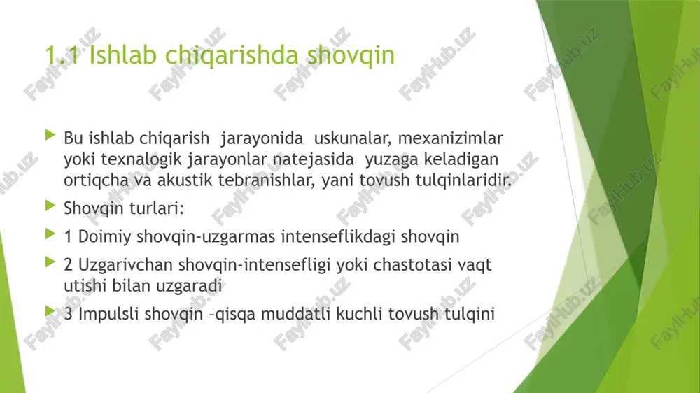 iqarishda ayniqsa 63 hz – 8000 hz diapazonidagi shovqin xavflidir. har bir chastota diapazoni uchun o‘ziga xos ruxsat etilgan darajalar mavjud. 3. ish vaqtidagi ta’sir davomiyligi shovqin darajasi qanchalik yuqori bo‘lsa, ishchi shuncha kam vaqt u shovqinga duchor bo‘lishi kerak. masalan: 85 dba – 8 soatgacha 90 dba – 4 soatgacha 95 dba – 2 soatgacha xulosa ishlab chiqarish jarayonlarida yuzaga keladigan shovqinlar inson salomatligi va mehnat unumdorligiga salbiy ta’sir ko‘rsatishi mumkin. ular asosan mexanik uskunalar, texnologik jarayonlar va konstruktiv omillar natijasida yuzaga keladi. shovqin darajasini aniqlash va baholashda zamonaviy o‘lchash asboblari va metodlardan foydalanish muhim ahamiyatga ega. shovqinning inson organizmiga bo‘lgan ta’siri — asab, yurak-qon tomir, eshitish va gormonal tizimlar faoliyatining buzilishiga olib kelishi mumkin. shu sababli ishlab chiqarish muassasalarida shovqinni kamaytirish va uning salbiy ta’sirini oldini olish choralari qat’iy belgilanishi va amalda qo‘llanilishi lozim. bunga texnologik, tashkiliy, konstruktiv hamda me’yoriy-nazorat tadbirlarini to‘g‘ri amalga oshirish orqali erishish mumkin. xulosa …