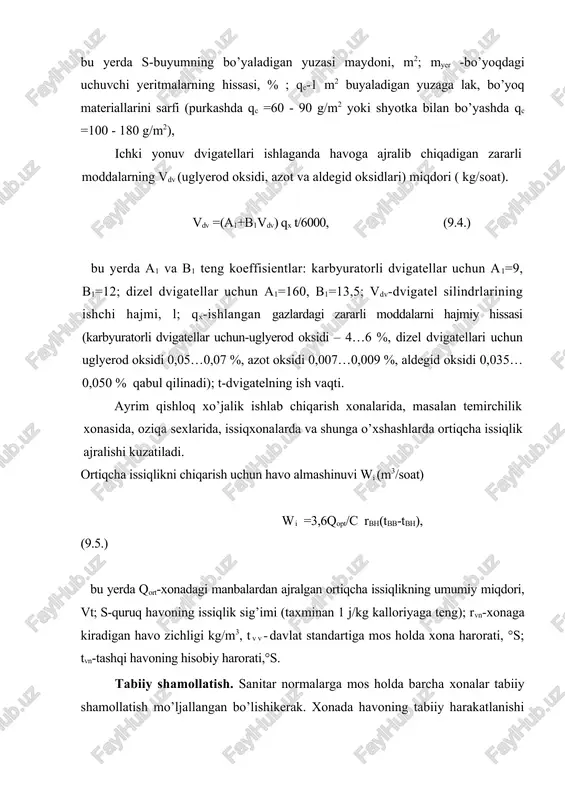 igi. mexanik shamollatishning mexanik shamollatish uskunalari. mexanik shamollatish sistemalarida havoning bir joydan ikkinchi joyga ko’chishi markazdan qochma va o’qli shamollatkichlar yoki ejektorlar yordamida amalga oshiriladi (9.5.-rasm). markazdan qochma shamollatkichda kurakli ishchi g’ildirak chig’anoqsimon kojuxda, o’qli shamollatkich esa silindrik kojuxda joylashgan bo’ladi. markazdan qochma shamollatkichlar past bosimli (1000 pa gacha), o’rta (1000 dan 3000 pa gacha) va yuqori bosimli (3000 dan 15000 pa gacha) bo’ladi. xonaga kiradigan havo kalorifyer yordamida isitiladi. havoni sovutish uchun esa ikki tipdagi havoni yengillashtirish sovutuvchilardan foydalaniladi: sirtqi va kontaktli. sirtqi sovutuvchilar tuzilishi bo’yicha kalorifyerlarga o’xshash bo’ladi va ularda sovuqlik tashuvchilar sifatida sovuq suv, ammiak yoki freonlar xizmat qiladi, havoni kontaktli sovutish sug’orish kamyerasining yomg’irli bushlig’idan havoni o’tishi orqali amalga oshiriladi. havoni kondisionirlash. oddiy shamollatish sistemasi odamlar shamollatish sistemasida havoni tozalash qurilmasi muhim ahamiyatga ega. buning uchun havo maxsus chang ushlagich va filtrdan o’tkaziladi. chang ushlagichni keng tarqalgani siklon hisoblanadi (9.6.-rasm). sanoat matodan, qog’ozdan, moyli elektrik va …