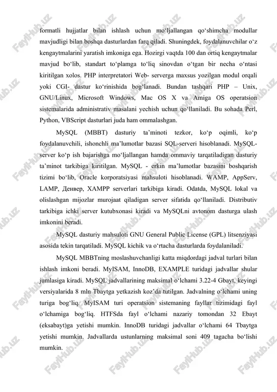 ndexni o‘chiradi ma’lumotlarni boshqarish operatorlari quyidagi jadvalda keltirilgan. operator tavsifi grand foydalanuvchilarning huquqlarini belgilaydi revoke foydalanuvchilarning huquqlarini o‘chiradi ma’lumotlar ustida amal bajarish operatorlari quyidagi jadvalda keltirilgan. operator tavsifi select ko‘rsatilgan tartibda yozuvlarni ajratishga mo‘ljallangan update yozuvlarni tahrirlash va yangilashga mo‘ljallangan insert jadvalga yangi yozuvlar qo‘shadi delete jadvaldagi yozuvlarni o‘chiradi sql-so‘rovlarni katta yoki kichik harflarda yozishning ahamiyati yo‘q. har bir sql-buyruqdan so‘ng, “;” qo‘yilishi ham majburiy emas. ro‘yxat elementlari vergul bilan ajratiladi. jadval va maydon nomlari yakka yoki qo‘shtirnoqlarda yozilishi mumkin. agar maydon va jadval nomlarida bo‘sh joy beligisi yoki boshqa maxsus simvollar uchramasa ularni qo‘shtirnoqqa olmasdan yozish ham mumkin. sqlda operatorlardan tashqari, funksiyalar ham mavjud. ko‘p ishlatiladigan statistik funksiyalar quyidagi jadvalda keltirilgan funksiya tavsifi avg() o‘rta arifmetik qiymatni aniqlaydi count () qiymatlar miqdorini aniqlaydi count(*) 0 ga teng bo‘lmagan qiymatlar miqdorini aniqlaydi max() maksimal qiymatni aniqlaydi min() minimal qiymatni aniqlaydi sum () qiymatlar yig‘indisini aniqlaydi ko‘p ishlatiladigan satrli funksiyalar quyidagi …