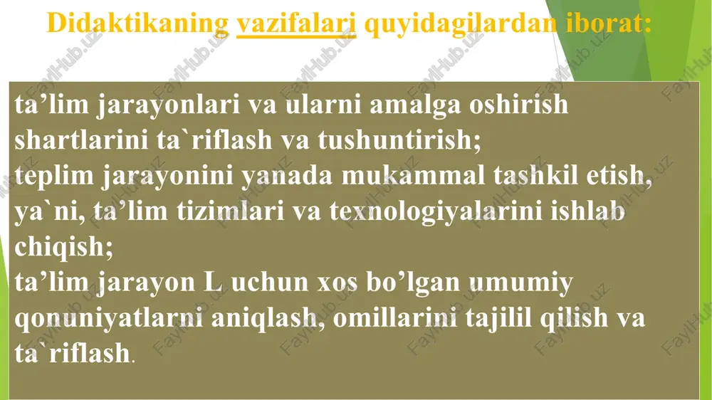 ng samarasini ta’minlovchi usullar majmui; 7) ta’lim mazmuni— shaxsning aqliy va jismoniy qobiliyatini har tomonlama rivojlantirish, dunyoqarashi, odobi, xulqi, ijtimoiy hayot ta mehnatga tayyorlik darajasini shakllantirish jarayonining mohiyati; 8) ta’lim vositalari- ta’lim samaradorligini ta’minlovchi obyektiv (darslik, o’quv qo’llanmalari, o’quv qurollari, xarita, diagramma, plakat, rasm, chizma, dioproektor, magnitafon, videomagnitafon, uskuna, televizor, radio, komputer va boshqalar) va subyektiv (o’qituvchining nutqi, namunasi, muayyan shaxs hayoti va faoliyatiga oid misollar va hokazolar) omillar; 9) ta’lim jarayoni— o’qituvchi va o’quvchilar o’rtasida tashkil etiluvchi hamda ilmiy bilimlarni o’zlashtirishga yo’naltirilgan pedagogik jarayon; 10) ta’lim mazmuni— davlat ta’lim standartlari asosida belgilab berilgan hamda ma’lum sharoitda muayyan fanlar bo’yicha o’zlashtirilishi nazarda tutilgan ilmiy bilimlar mohiyati; 11) ta’lim maqsadi (o’qish, bilim olish maqsadi) — ta’limning aniq yo’nalishini belgilab beruvchi yetakchi g’oya; 12) ta’lim natijasi (ta’lim mahsuli) — ta’lim yakunining mohiyatini qayd etuvchi tushuncha; o’quv jarayonining oqibati; belgilangan maqsadni amalga oshirish darajasi; 13) ta’limni boshqarish— ta’lim muassasalarining faoliyatini yo’lga qo’yish, boshqarish, …