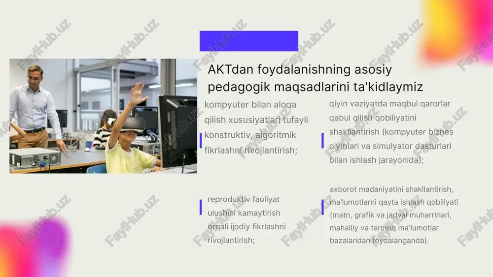 ga ta'limdan mahrum bo'lmaslik uchun qurilmalar va texnologiyalarni taqdim etish. * yana bir muammo-o'qituvchilarni tayyorlash. o'qituvchilar texnik jihatdan savodli bo'lgandagina ular raqamli darslarni o'tkazishlari mumkin. * raqamli texnologiyalarning iqtisodiy samaradorligini ta'minlash hukumatning asosiy maqsadi bo'lishi kerak. * davlat maktablari va kollejlarida tegishli binolar mavjudligini ta'minlash raqamli sinflar. * raqamli ta'lim, infratuzilma, kontent, o'zaro ta'sir va bir nechta tillar bo'yicha tegishli siyosatning yo'qligi. w e'tiboringiz uchun tashakkur :) image1.png image2.png image3.png image4.png image5.png image6.jpeg image7.png image8.png image9.png image10.png image11.svg image12.png image13.png image14.svg image15.png image16.svg image17.png image18.svg image27.png image19.png image20.svg image21.png image22.svg image23.png image24.svg image25.png image26.png image28.png image29.svg image30.jpeg image31.png image32.jpeg image33.png image34.svg image35.png image36.jpeg image37.jpeg image38.jpeg image39.jpeg image40.jpeg image41.jpeg image42.jpeg image43.png image44.svg image45.jpeg image46.jpeg image47.png image48.jpeg image49.jpeg /docprops/thumbnail.jpeg