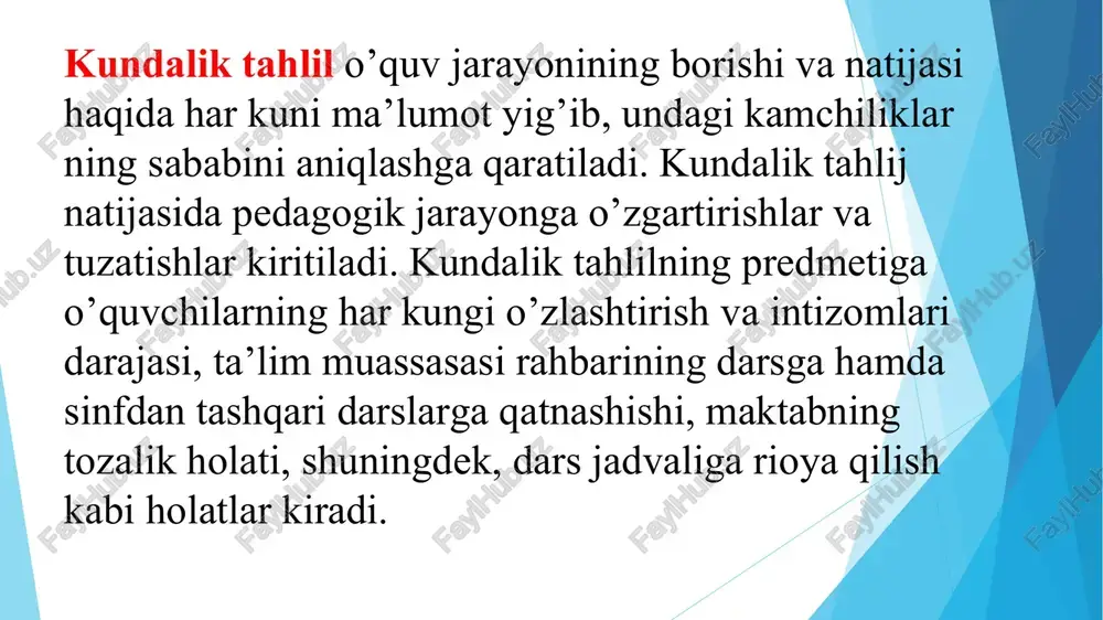 uruhi yoki alohida o’qituvchining pedagogik faoliyati tizimi, ta’lim muassasasidagi ta’lim darajasi, shuningdek. o’quvchilarning ekologik va cstctik tarbiyasi tizimiga e’tibor qaratiladi. frontal nazorat butun pedagogik jamoa, metodik kengash yoki alohida o’qituvchi faoliyatini o’rganishga qaratiladi. alohida nazorat biror bir o’qituvchining faoliyati, sinf (guruh) rahbarlarining tarbiyaviy ishlarini mavzuli, frontal tekshirishga asoslanadi. sinf-muloqot nazorat shaklida sinf jamoasining dars va darsdan tashqari jarayonida shakllanishiga ta’sir etuvchi o’ziga xos omillar e’tiborga olinadi. predmetli nazorat shakli bitta yoki bir necha sinf (guruh)larda, butun ta’lim muassasasida ta’lim olinganlik darajasini aniqlashda qo’llaniladi mavzuli umumlashtiruvchi nazorat shaklining bosh maqsadi turli fan o’qituvchilari va sinflarning alohida o’quv-tarbiya jarayonini boshqarishdagi ishlarini o’rganishdan iborat. majmuaviy (kompleks) nazorat shakli bir necha o’quv fanlari bir yoki bir necha sinf (guruh)larda turli o’quvchilarning ishlarini o’rganishni tashkil etish maqsadida amalga oshiriladi. * pedagogik kengash — ta’lim muassasasining boshqaruv organi. ta’lim muassasalarida o’quv-tarbiya jarayonini rivojlantirish, takomillashtirish, muassasa faoliyati bilan bog’liq barcha tashkiliy masalalarni muvofiqlashtirish, o’qituvchi va tarbiyachilarning kasbiy …