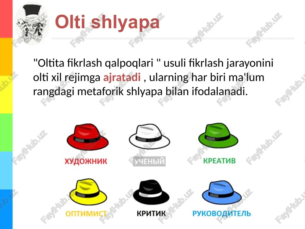 ijobiy tomonlarini oshiring va salbiy tomonlarini kamaytiring. har bir ishtirokchidan muqobil yondashuvni taklif qiling. sariq va qora shlyapalar yordamida paydo bo'lgan g'oyalar yana tahlil qilinadi. va vaqti-vaqti bilan ishtirokchilarga qizil shlyapa yordamida bug'ni qo'yib yuborishni unutmang (u kamdan-kam hollarda va nisbatan qisqa vaqt ichida, taxminan o'ttiz soniya, ortiq emas). har xil ketma-ketlikda oltita fikrlash shlyapasi bilan tajriba o'tkazish orqali vaqt o'tishi bilan siz eng mos tartibni aniqlay olasiz. kollektiv parallel fikrlash sessiyasi oxirida moderator bajarilgan ishlarni sarhisob qiladi. shuningdek, moderator ishtirokchilar bir vaqtning o‘zida bir nechta shlyapa kiymasligini ta’minlashi muhim. shunday qilib, fikrlar va g'oyalar bir-biriga aralashmaydi yoki chalkashmaydi. siz bu usuldan biroz boshqacha foydalanishingiz mumkin: har bir ishtirokchi ma'lum bir rangdagi shlyapa kiyib, rol o'ynasin. bunday holda, shlyapalarni insonning shaxsiy turiga mos kelmasligi uchun tarqatish yaxshidir. misol uchun, optimist qora shlyapa kiysin, tanqidchi doim sariq qalpoqda bo'lsin, his-tuyg'ularni namoyon etishga odatlanmaganlar va har doim o'zini tutib tursinlar, navbatma-navbat qizil …
