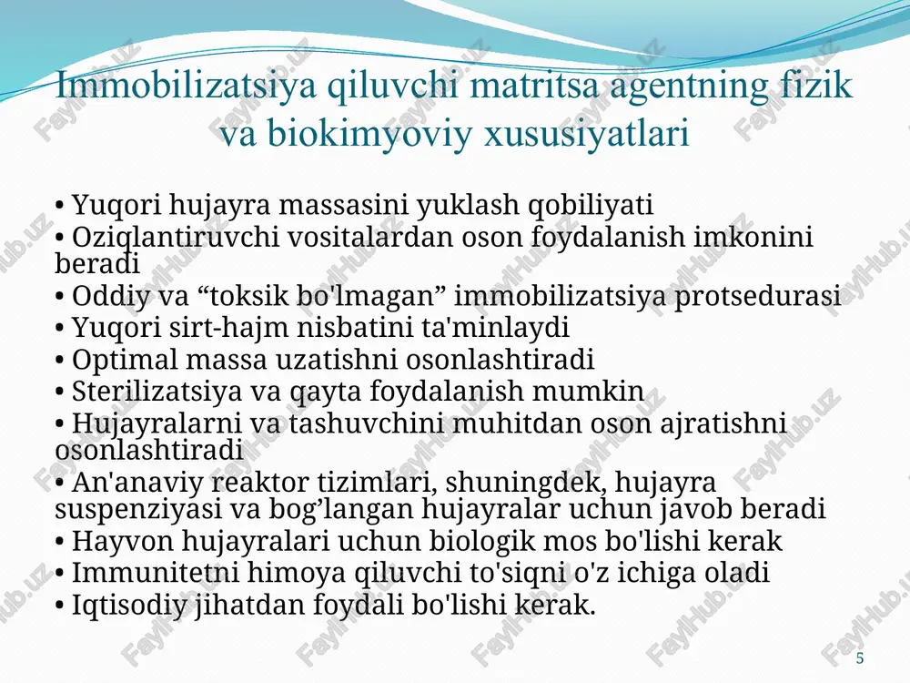 sh mumkin.) aralashtirgichli reaktor 293 hujayralari (insonning embrional buyrak 293 hujayralari.) rekombinant oqsil (biotexnologiya sanoati tomonidan gen terapiyasi uchun terapevtik oqsillar va viruslarni ishlab chiqarish hamda ko'plab kimyoviy moddalar uchun xavfsizlikni tekshirish uchun ishlatiladi.) aralashtirgichli reaktor 16 immobilizatsiyalangan achitqi xujayralari yordamida pivoning pishishi uchun jarayon sxemasi (alfa lavaldan keyin o'zgartirilgan). xulosa immobilizatsiya matritsasi va usulini tanlash, shuningdek bioreaktor turi va dizayni odatda o'zaro bog'liqdir. optimallashtirish uchun suyuqlik dinamikasi va tashqi yoki ichki massa almashinuvi haqidagi bilimlar yaxshi boshlanish nuqtasidir. immobilizatsiyalangan hujayralar xatti-harakatlarini miqdoriy tavsiflash va tahlil qilish uchun matematik modellardan foydalanish muhim komponent hisoblanadi; barqaror holat, psevdostatsionar holat va dinamik modellar muhokama qilinadi. immobilizatsiya qilinganda tirik hujayralar fiziologiyasi o'zgarishi mumkin, chunki ular erkin tirik hujayralar bilan solishtirganda boshqa mikro muhitda mavjud. o'zgartirilgan kimyoviy tarkib yoki matritsa materiali va immobilizatsiyalangan bakterial, zamburug’ va ildiz hujayralari o'rtasidagi jismoniy o'zaro ta'sir tufayli turli xil fiziologik ta'sirlar muhokama qilinadi. immobilizatsiyalangan hujayra texnologiyasidan foydalangan holda …