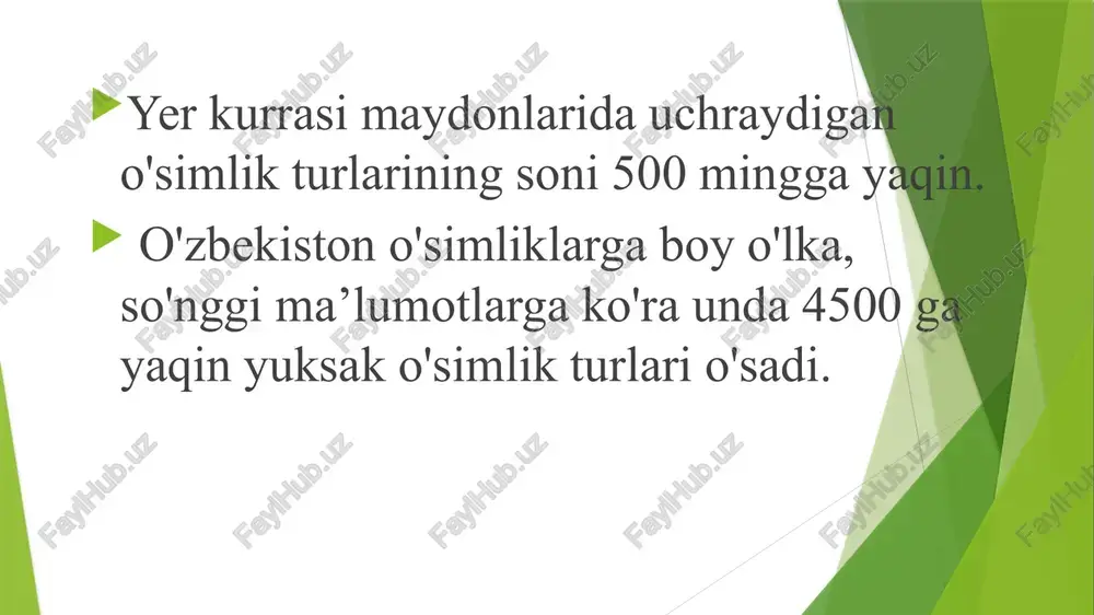 imliklar qoplami hilma hiligi bilan ajralib turadi. floramizni tashkil qilgan 4000 da o’rtiq o’simliklar turlari mintaqalarimiz bo’yicha notekkis tarqalgan. har bir mintaqalar o’simliklar qoplami o’ziga hos o’simliklar tiplarini tashkil etadi.o’simliklar qoplamida quyidagi o’simlik tiplari ustunlik qiladi: 2.ozbekiston florasidagi asosiy formatsiya, assotsiatsiyalar va oilalar. 1.psammafilli o’simliklar tipi; 2.gipsofilli o’simliklar tipi; 3.galofilli o’simliklar tipi; 4.to’qay o’simliklar tipi; 5.efemer o’simliklar tipi; 6.turon rangli –quruq dasht o’simliklar tipi; 7.kserofilli daraht – butali o’simliklar tipi; 8.archazor o’simliklr tipi; 9.o’tloq o’simliklar tipi; 10.dasht o’simliklar tipi; 11.tog’ kserofitli o’simliklar. 3.o’simliklarning hayotiy shakillari. hayotiy shakl atamasining sinonimi sifatida “ekobiomorf”, “biotip”, “o’sish shakli”, “epimorf” kabi atamalar ishlatiladi hayotiy shakllarni o’rganishda, asosan fanda ikkita nuqtai nazar, yani qarashlar muxim ahamiyatga ega hisoblanadi. ular quyidagilardir: 1. ekologo-morfologik qarash 2. ekologo-senotik qarash ekologo-morfologik nuqtai-nazardan qaralganda, hayotiy shakl bu o’simlik jamoalarining o’z hayot sikli, yani ontogenezida ma’lum muxitda o’sish va rivojlanish natijasida paydo bo’lgan o’simliklar jamoasining umumiy qiyofasiga aytiladi. o’simliklarning tashqi qiyofasi – …