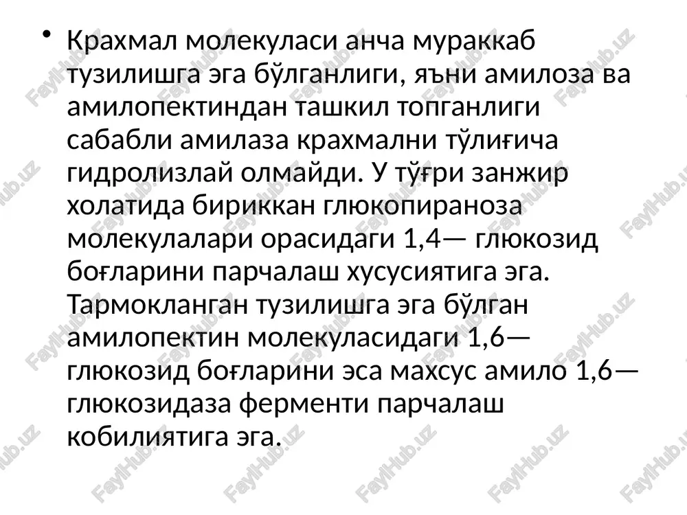 nish jarayoniga yo'likib, organizm ehtiyoji uchun sarflanadigan energiyaga aylanadi. jigar hujayralariga so'rilib o'tgan kondagi glyukoza maxsus fermentlar (geksokinaza va glyukokinaza) ishtirokida, atf ta'sirida fosforillanish jarayoniga uchrab, glyuko­za- 6 fosfatga aylanadi. bu esa o'z navbatida fosfoglyukomutaza fermenti ta'siri ostida glyukoza — 1 — fosfatga aylanib, to'g'ridan-to'g'ri glikogen sintezlanishida katnashadi. organizmning fiziologik holati hamda to'qima va hujayralarning glyukozaga bo'lgan ehtiyojiga qarab, jigarda zahira glyukoza shaklida to'planib turgan glikogen qaytadan glyukozaga parchalanadi. bu jarayon faqatgina jigarda bo'ladigan maxsus fermentlar ishtirokida amalga oshadi. shuning uchun ham jigarni vakt-vakti bilan konni glyukoza bilan ta'minlab turuvchi organ deb hisoblash mumkin. boshka organlar esa o'z navbatida kondagi shu glyukoza hisobidan ta'minlanib turadi. hujayralarda glyukozadan glikogenning sintezlanishi qamda uglevodlarning anaerob va aerob sharoitda oksidlanishi hayvonlar ozukalarining asosiy tarkibiy kismini (o'rtacha 70—80%) uglevodlarning vakillari tashkil etadi. ma'lumki, uglevodlar kimyoviy tarkiblariga ko'ra uchta katta guruhga, ya'ni monosaxaridlar, oligosaxaridlar va polisaxaridlarga bo'lib o'rganiladi. monosaxaridlarning ba'zi vakillari (asosan glyukoza) yilning yoz va …