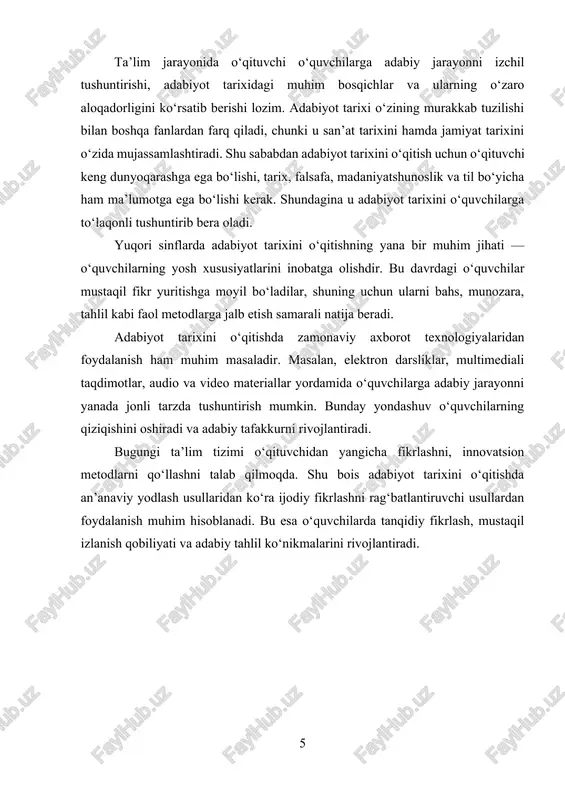 dan foydalanish muhim hisoblanadi. bu esa o‘quvchilarda tanqidiy fikrlash, mustaqil izlanish qobiliyati va adabiy tahlil ko‘nikmalarini rivojlantiradi. i bob. adabiyot tarixini o‘qitishning nazariy asoslari adabiyot tarixini o‘qitish o‘zbek ta’lim tizimining muhim yo‘nalishlaridan biri bo‘lib, u o‘quvchilarni badiiy so‘z san’atining mohiyati, asarlarning tarixiy shakllanish jarayoni va milliy adabiy meros bilan tanishtiradi. adabiyot tarixi o‘zining mazmuni jihatidan millatning ma’naviy xotirasidir. chunki adabiyotda xalqning orzu-intilishlari, ruhiy kechinmalari, g‘oyaviy qarashlari, ma’naviy qadriyatlari mujassam bo‘ladi. shu boisdan adabiyot tarixini o‘qitish nafaqat o‘quvchi bilimini oshirish, balki uning dunyoqarashini kengaytirish, milliy g‘ururini shakllantirish va estetik tarbiyasini rivojlantirishda ham muhim o‘rin tutadi. adabiyot tarixini o‘qitish jarayoni o‘ziga xos ilmiy-metodik yondashuvni talab qiladi. chunki bu fan boshqa ijtimoiy-gumanitar fanlardan farqli ravishda inson ruhiyatiga, tasavvuriga va tuyg‘usiga bevosita ta’sir etadi. o‘quvchi adabiyot tarixini o‘rganar ekan, har bir davrning ijtimoiy hayoti, madaniy muhitini, yozuvchilar va shoirlarning ijodiy qarashlarini ham bilib oladi. shuning uchun ham adabiyot tarixi o‘qituvchisi dars jarayonida faqat ma’lumot …