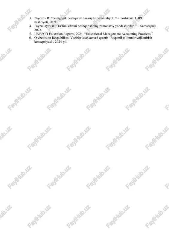 ’minlaydi. ta’lim tizimini modernizatsiya qilish boshqaruv hisobining eng muhim yo‘nalishlaridan biridir. zamonaviy boshqaruv modeli innovatsion yondashuv, axborot texnologiyalaridan foydalanish, natijadorlikka yo‘naltirilgan rejalashtirishni o‘z ichiga oladi. ta’lim muassasalarida elektron boshqaruv tizimlarini joriy etish, masalan, o‘quvchilar davomati, baholash natijalari, o‘qituvchilarning yuklamasi va dars jadvalini avtomatlashtirish boshqaruv hisobini yengillashtiradi va aniqligini oshiradi. bunday tizimlar rahbariyatga aniq tahliliy ma’lumotlar taqdim etib, qaror qabul qilishni tezlashtiradi. boshqaruvning ilmiy asoslari xx asrda shakllangan umumiy tizimlar nazariyasi, kibernetika va dasturiy-maqsadli boshqaruv konsepsiyalari bilan chambarchas bog‘liq. l. fon bertalanffi tomonidan ilgari surilgan umumiy tizimlar nazariyasi boshqaruvni yaxlit tizim sifatida ko‘rishga imkon berdi. kibernetika esa axborot oqimlari, teskari aloqa va boshqaruv mexanizmlarini ilmiy asosda o‘rganishga yo‘l ochdi. ta’lim tizimida ham bu yondashuvlar qo‘llanilib, jarayonni kuzatish, baholash va natijalarni qayta tahlil qilish imkonini beradi. dasturiy maqsadli boshqaruv esa ta’lim tizimini boshqarishning zamonaviy modeli sifatida e’tirof etiladi. ushbu yondashuvda maqsadlar aniq belgilanadi, ularga erishish yo‘llari, bosqichlari va natijalari puxta rejalashtiriladi. har …