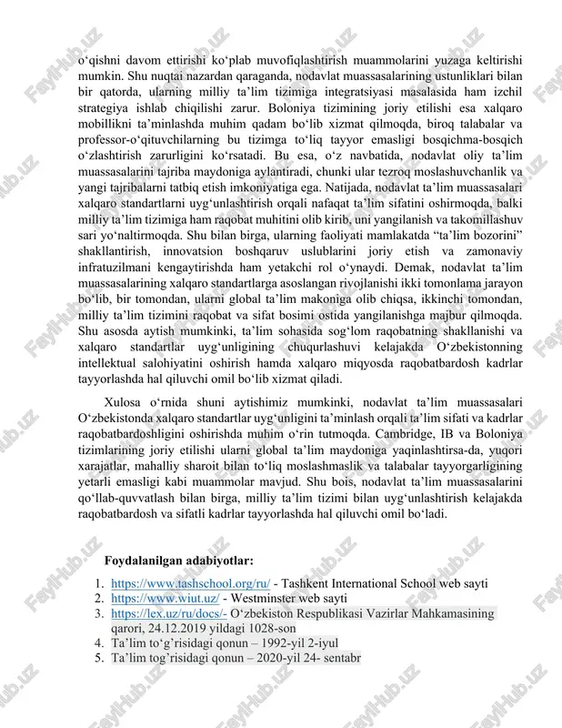 gan yagona integratsion tizim vazifasini o‘tamoqda. nodavlat oliy ta’lim muassasalari ham xuddi o‘rta maktablar kabi chuqurlashtirilgan hamda xorijiy tajribalardan foydalanib, xalqaro standartlarda o‘qitish tizimida o‘z faoliyatlarini olib borishmoqda. ularning barchasi boloniya tizimi yo‘lga qo‘yilgan. talabalar harakati to‘liq amalga oshiriladi, ya’ni, talaba semester yakuniga ko‘ra muassasani o‘zgartirish huquqiga ega. masalan, talaba bir semester davomida wuit nodavlat ta’lim muassasasida tehsil olayotgan bo‘lsa, o‘z faolligi va baholarining qoniqarliligi bilan, keying semesterda university of bolognada tahsil olishi mumkin. shu orqali, talaba yangi tajribalarni sinab ko‘rishi, bilim va ko‘nikmalarga ega bo‘lishi mumkin. yurtimizdagi barcha ta’lim muassasalarida ham aynan boloniya tizimi joriy etilgan, ammo, tizimga hali talabalar 100% talab darajasida tayyor bo‘lmaganlari sababli, bosqichma – bosqich tizimga o‘tish jarayoni davom etmoqda. ushbu jarayonlar shuni ko‘rsatadiki, nodavlat ta’lim muassasalari xalqaro standartlar uyg‘unligini ta’minlash orqali nafaqat o‘z faoliyatini samarali tashkil etmoqda, balki ta’lim bozorida raqobatbardosh kuch sifatida ham shakllanmoqda. chunki ular o‘z faoliyatini global ta’lim tajribalariga tayangan holda …
