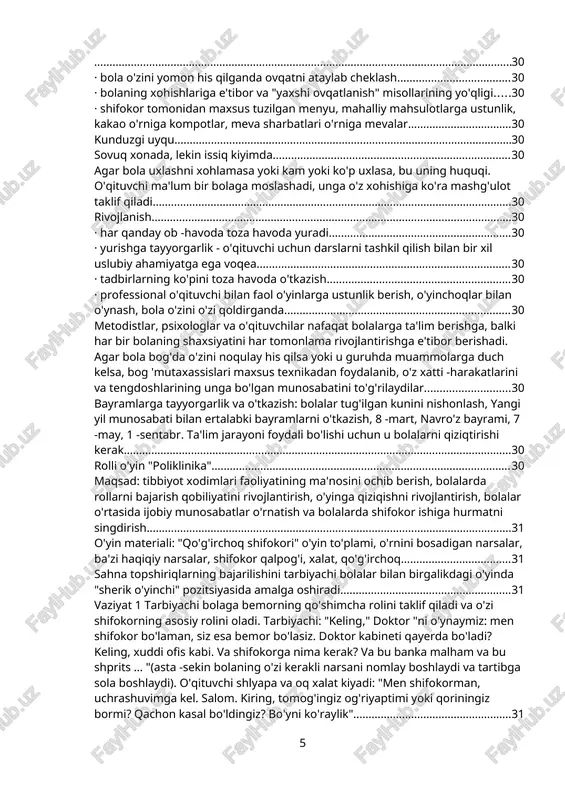 ni rivojlantiradi. rejalashtirish, uzoq muddatli rolli o'yinlarda harakatlarning izchilligi improvizatsiya bilan birlashtirilgan. bolalar umumiy rejani, harakatlar ketma -ketligini belgilaydilar va o'yin davomida yangi g'oyalar va yangi tasvirlar paydo bo'ladi. shunday qilib, ko'p kunlik "dengiz sayohati" paytida o'yinning bir yoki boshqa ishtirokchisi yangi qiziqarli epizodlarni o'ylab topdi: sho'ng'inchilar dengiz tubiga cho'kib, xazinalarni topdilar, issiq mamlakatlarda sherlarni tutib olib ketishdi. hayvonot bog'i, antarktidada ular oq ayiqlarni boqishgan. o'yin ijodkorligining rivojlanishi, shuningdek, o'yin mazmunining hayotning turli taassurotlarini birlashtirish usulida ham namoyon bo'ladi. bolalar hayotining uchinchi va to'rtinchi yillari oxirida, ular o'yindagi turli hodisalarni birlashtirganini kuzatish mumkin, ba'zida esa ularga qo'g'irchoq teatrida namoyish etilgan ertaklar epizodlarini kiritish mumkin. bu yoshdagi bolalar uchun yorqin vizual taassurotlar muhim ahamiyatga ega. keyinchalik (hayotning to'rtinchi va beshinchi yillarida) bolalarda yangi taassurotlar eski sevimli o'yinlarga kiritiladi. hayotni o'yinda aks ettirish, hayotiy tajribalarni turli kombinatsiyalarda takrorlash - bularning barchasi umumiy g'oyalarni shakllantirishga yordam beradi, bolaga hayotning turli hodisalari o'rtasidagi bog'liqlikni …