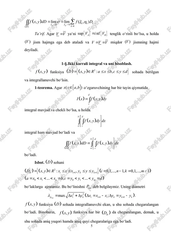 o‘ladi. 3-§. sirtning yuzi va uning ikki karrali integral orqali ifodalanishi. ikki karrali integral yordamida sirt yuzini hisoblash mumkin. avvalo sirtning yuzi tushunchasini keltiramiz. faraz qilaylik, funksiya sohada berilgan va uzluksiz bo‘lsin. sohaning bo‘linishini olaylik. uning bo‘laklari bo‘lsin. bu bo‘linishning bo‘luvchi chiziqlarini yo‘naltiruvchilar sifatida qarab, ular orqali yasovchilari o‘qiga parallel bo‘lgan silindirik sirtlar o‘tkazamiz. ravshanki, bu silindirik sirtlar sirtni bo‘laklarga ajratadi. har bir da ixtiyoriy nuqta olib, sirtda unga mos nuqta ni topamiz. so‘ng sirtga shu nuqtada urinma tekislik o‘tkazamiz.bu urinma tekislik bilan yuqorida aytilgan silindirik sirtning kesishmasidan hosil bo‘lgan urinma tekislik qismini bilan, uning yuzini esa bilan belgilaymiz. geometriyadan ma‘lumki, soha ning ortogonal proyeksiyasi bo‘lib, (4) bo‘ladi, bunda sirtga nuqtada o‘tkazilgan urinma tekislik normalining o‘qi bilan tashkil etgan burchak. ravshanki, da ning diametri ham nolga intiladi. agar da yig‘indi chekli limitga bo‘lsa, bu limit sirtning limiti deb ataladi. (5) bo‘ladi. yuqorida qaralayotgan funksiya sohada xususiy hosilalarga ega bo‘lib, bu …