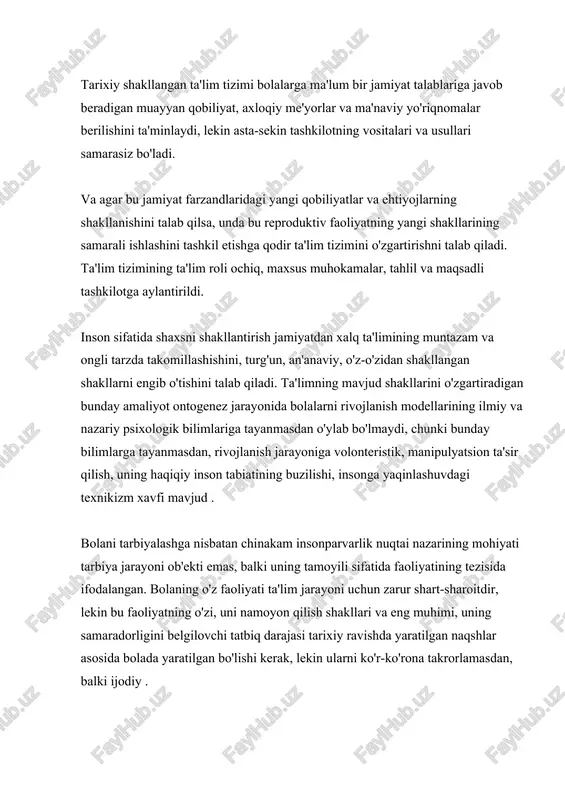 a'lim samaradorligining sharti - bu bolalarning mustaqil tanlovi yoki faoliyati mazmuni va maqsadlarini ongli ravishda qabul qilishidir". ta'lim - bu har bir insonning o'ziga xos insonparvarligi sifatida maqsadga muvofiq rivojlanishi, bu shaxsning axloqiy va ijodiy qudratini oshirish va yaxshilashni ta'minlash, bolaning chaqaloqlik davrida bo'lgan yoki u faqatgina o'gay haqiqat "insonning subyektiv dunyosining rivojlanishiga yo'naltirish uchun vositalarni o'rgatish", bir tomondan, axloqiy modelga muvofiq, jamiyatning talablarini o'sib borayotgan insonga singdiradigan ideal va har bir bolaning individual xususiyatlarini rivojlantirishni maksimal darajada oshirish uchun. l.s. vigodskiy: "ilmiy nuqtai nazardan o'qituvchi faqat ijtimoiy ta'lim muhiti tashkilotchisidir, har bir talaba bilan munosabatlarning regulyatori va nazoratchisi". ta'lim jarayonini shakllantirishga qaratilgan bunday yondashuv - faol, maqsadga yo'naltirilgan shaxs sifatida shakllanish - jamiyat rolini va uning shaxsiyatini rivojlantirishda o'sib borayotgan inson genotipining o'rnini baholashda metodologik yondashuvimiz bilan mos keladi. zamonaviy ilm-fan yutuqlari, shu jumladan rus falsafachilari va psixologlari, o'qituvchilar va fiziologlar, advokatlar va genetikchilarning asarlari faqat maqsadli ta'lim jarayonida …