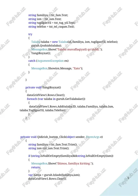 (var item in toplamamallari.toplama) a_toplam.items.add(item); foreach (var item in toplamamallari.toplamb) b_toplam.items.add(item); } } } konstruktorning ko’rinishi so’rovni amalga oshiramiz va natija: 3-mustaqil ishi.polimorfizm 8.telefon muloqoti xarajatini hisoblovchi tarif sinfi tuzilsin. tarif sinfida kiruvchi va chiquvchi qo‘ng‘iroqlar daqiqalari soni saqlansin. tarif sinfidan universal va progress sinflari voris qilib tuzilsin. universal (universal) tarifida xarajat s=na+mb formula yordamida hisoblanadi. bu yerda n - kiruvchi daqiqalar soni, m - chiquvchi daqiqalar soni va a=0, b=0.03$ mos ravishda bir daqiqa uchun to‘lov narxi. progress (progress) tarifida xarajat snam1b1m2b2 m3b3 ko‘rinishida hisoblanadi. bu yerda n - kiruvchi daqiqalar soni, m- chiquvchi daqiqalar soni, a=0.01$, b1=0.02$, b2 =0.01$, b3=0.005$. hisoblash shartlari: · agar m50 bo‘lsa, m1 mm2 m3 0; · agar 50m100bo‘lsa, m1 50m2 m-50m3 0; · agar m>100 bo‘lsa, m1 50m2 50m3 m-100. berilgan tarif, kirish-chiqish qo‘ng‘iroqlariga ko‘ra oylik xarajatlar polimorf funksiyalar orqali hisoblansin. classning ko’rinishi namespace polimorfizm_telefon_tarifi { public class tarif { protected int kiruvchi, …