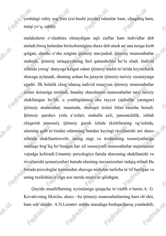 va xulqning ustuvor motivlari hamda dunyoqarashlarda ifodalanadi. 2. bilimlar, ko‘nikmalar, malakalar, hayot va faoliyat jarayonida egallanadi. 3. individual tipologik xususiyatlar temperament, xarakter, qobiliyatlarda aks etadi. k. k. platonov ta’limotiga ko‘ra, shaxs tuzilishi quyidagi shaklga ega: i. yo‘nalganlik osttuzilishi shaxsning axloqiy qiyofasi va munosabatlarini birlashtiradi, undan harakatchanlik, barqarorlik, jadallik, ko‘lam (hajm) darajalarini farqlash lozim. ii. ijtimoiy tajriba osttuzilishi - ta’lim vositasida shaxsiy tajribada egallangan bilimlar, ko‘nikmalar va odatlarni qamrab oladi.iii. psixologik aks ettirish shakllari osttuzilishi - ijtimoiy turmush jarayonida shakllanuvchi bilish jarayonlarining individual xususiyatlari. iv. biologik shartlangan osttuzilish - miya morfologik va fiziologik xususiyatlariga muayyan darajada bog‘liq bo‘lgan patologik o‘zgarishlarni, shaxsning yosh, jins xususiyatlarini va uning tipologik xosiyatlarini birlashtiradi. a. g. kovalev talqiniga binoan, shaxs mana bunday tuzilishga ega: 1. yo‘nalganlik - voqelikka nisbatan inson munosabatini aniqlaydi, unga o‘zaro ta’sir etuvchi har xil xususiyatli g‘oyaviy va amaliy ustanovkalar, qiziqishlar, ehtiyojlar kiradi. ustuvor yo‘nalganlik shaxsning barcha psixik faoliyatini belgilaydi. 2. imkoniyatlar - …