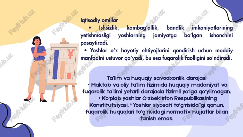 arajasi juda past. aqsh tajribasi • “civic engagement” dasturlari orqali talabalar real siyosiy va ijtimoiy jarayonlarda (saylov, jamoat yig‘inlari, debatlar) qatnashadi. • universitetlarda talabalar uchun “fuqarolik yetakchiligi” kurslari mavjud. o‘zbekiston tajribasi • so‘nggi yillarda “yoshlar ishlari agentligi”, “yoshlar parlamenti”, “temurbeklar maktabi”, “yoshlar ittifoqi” kabi tuzilmalar yoshlarning siyosiy va ijtimoiy faolligini oshirishga xizmat qilmoqda. • 2021–2025 yillarga mo‘ljallangan “yoshlar siyosati” konsepsiyasi yoshlarning huquqiy, ijtimoiy, intellektual salohiyatini rivojlantirishni davlat siyosatining ustuvor yo‘nalishiga aylantirgan. fuqarolik faolligini rivojlantirishning strategik yo‘nalishlari yoshlarning faol fuqarolik pozitsiyasini shakllantirish uchun quyidagi yo‘nalishlar ustuvor hisoblanadi: 1. huquqiy ongni tizimli oshirish – maktabdan tortib oliygohgacha uzluksiz fuqarolik ta’lim tizimini yaratish. 2. ijtimoiy innovatsiyalarni qo‘llab-quvvatlash – yoshlarning startaplari, volontyorlik harakatlari, ekologik va ijtimoiy tashabbuslarini grantlar orqali rag‘batlantirish. 3.axborot xavfsizligi va media savodxonlik – yoshlarni soxta axborot, g‘oyaviy manipulyatsiyalardan himoya qilish. 4. raqamli fuqarolik – elektron hukumat, onlayn murojaatlar, virtual fuqarolik ishtirokini real ijtimoiy amaliyot bilan uyg‘unlashtirish. 5. oila institutining mustahkamlanishi – …