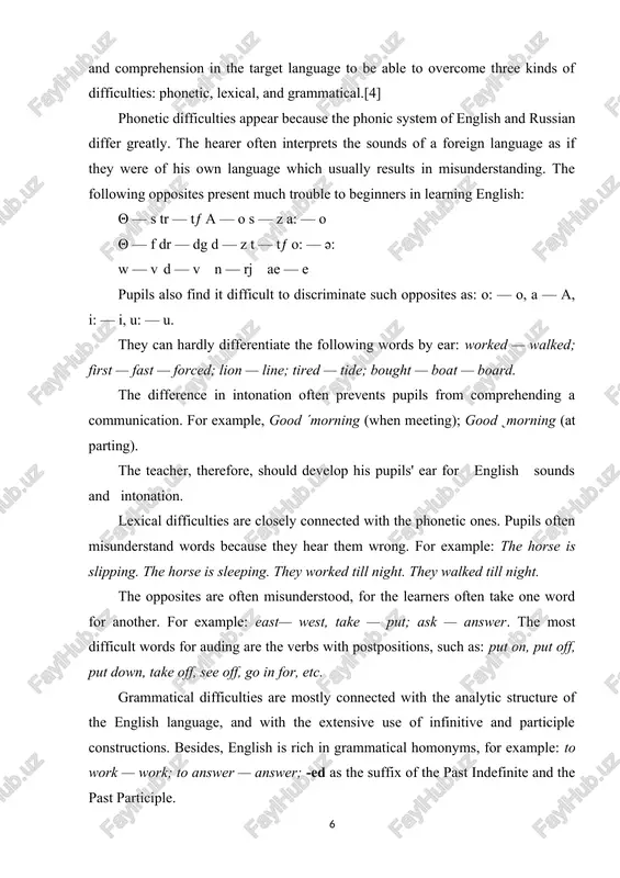 . grammatical difficulties are mostly connected with the analytic structure of the english language, and with the extensive use of infinitive and participle constructions. besides, english is rich in grammatical homonyms, for example: to work — work; to answer — answer; -ed as the suffix of the past indefinite and the past participle. this is difficult for pupils when they aud. 2. the content of the material also influences comprehension. the following factors should be taken into consideration when selecting the material for auding: the topic of communication: whether it is within the ability of the pupils to understand, and what difficulties pupils will come across (proper names, geographical names, terminology, etc). the type of communication: whether it is a description or a narration. description as a type of communication is less emotional and interesting, that is why it is difficult for the teacher to arouse pupils' interest in auding …
