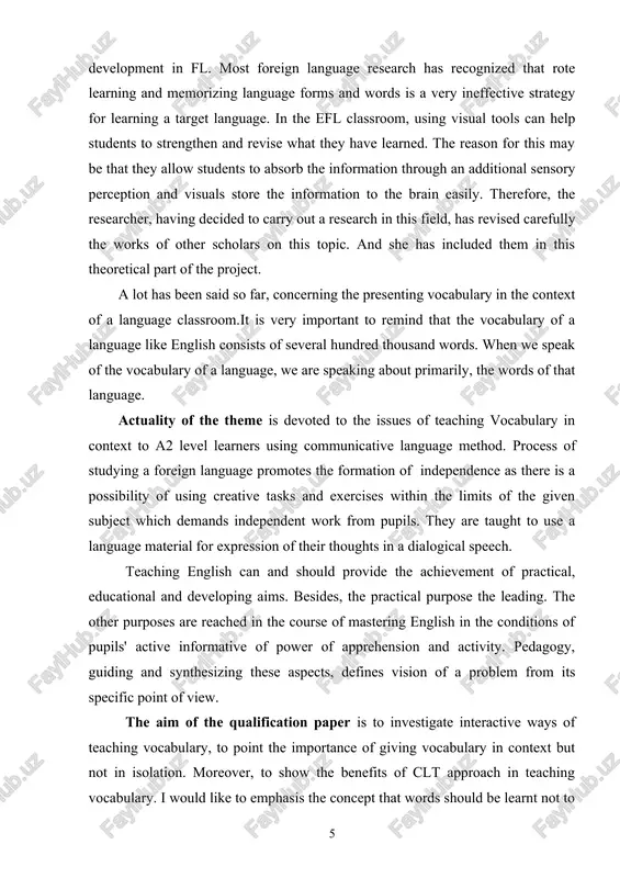 ical implications. by means of the following lines, we shall present my personal point of view, stemming from my experiences and observations with foreign language teaching and learning. the recommendations that we shall present will be relevant to acquisition of the foreign language vocabulary. this will be due to the fact that my observations will be related to the nature of vocabulary in general. we shall cover various strata of vocabulary teaching, paying primary attention to communication strategies that are of an immense importance from a communicative point of view. we shall deal with the studying of methods and ways of development of teaching methods in the course of teaching a foreign language which also promotes the formation and development of intellectual abilities among pupils that will raise the efficiency of teaching and educational process.it will be clear from what has been said above. the problems of the graduation paper …