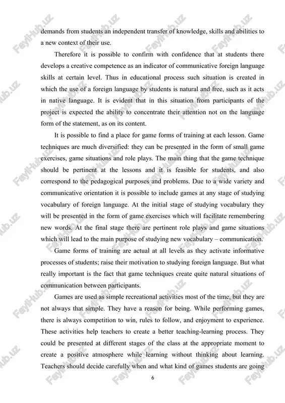 ry – communication. game forms of training are actual at all levels as they activate informative processes of students; raise their motivation to studying foreign language. but what really important is the fact that game techniques create quite natural situations of communication between participants. games are used as simple recreational activities most of the time, but they are not always that simple. they have a reason for being. while performing games, there is always competition to win, rules to follow, and enjoyment to experience. these activities help teachers to create a better teaching-learning process. they could be presented at different stages of the class at the appropriate moment to create a positive atmosphere while learning without thinking about learning. teachers should decide carefully when and what kind of games students are going to perform by analyzing different factors such as the aim of the game, the students’ level of english, …