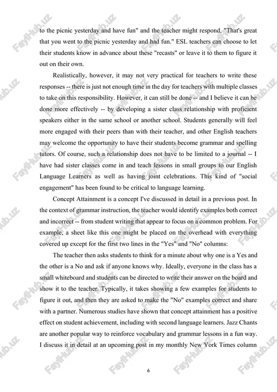 he first two lines in the "yes" and "no" columns: the teacher then asks students to think for a minute about why one is a yes and the other is a no and ask if anyone knows why. ideally, everyone in the class has a small whiteboard and students can be directed to write their answer on the board and show it to the teacher. typically, it takes showing a few examples for students to figure it out, and then they are asked to make the "no" examples correct and share with a partner. numerous studies have shown that concept attainment has a positive effect on student achievement, including with second language learners. jazz chants are another popular way to reinforce vocabulary and grammar lessons in a fun way. i discuss it in detail at an upcoming post in my monthly new york times column on teaching english language learners. …