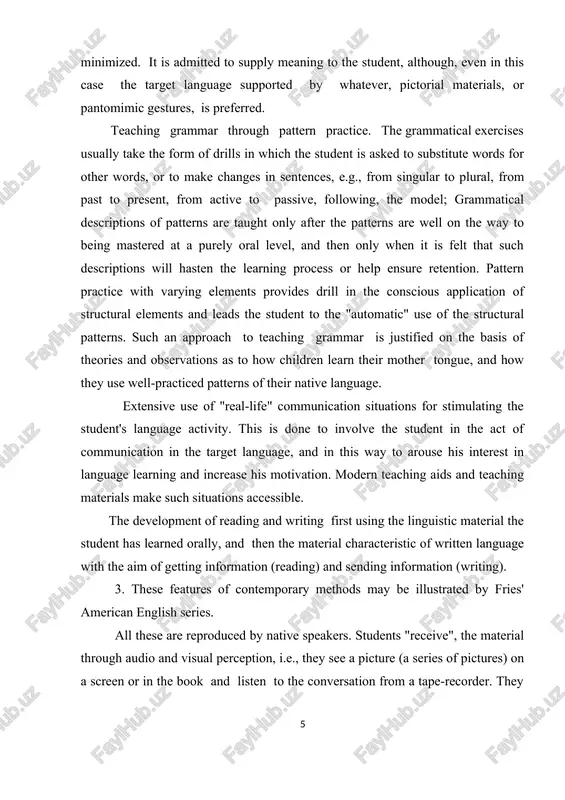r teacher. - write a sentence about five people you know. - write as many sentences as you can about one of the rooms. - tell the class about some members of your family or a friend did yesterday morning, yesterday afternoon and last night. - guess what pupils in your class were doing at a certain time. 4. charles fries called his method "the oral approach" because pupils get acquainted with language material "through the ear". 1.2 creative abilities, informative activity. he wrote, "... on matter if the final desire is only to read the foreign language, the mastery of the fundamentals of the language-the structure and the sound system with a limited vocabulary - must be through speech." speech is the language. the written record is but a secondary representation of the language. in the oral approach reading is deliberately postponed until the structure of the new language …
