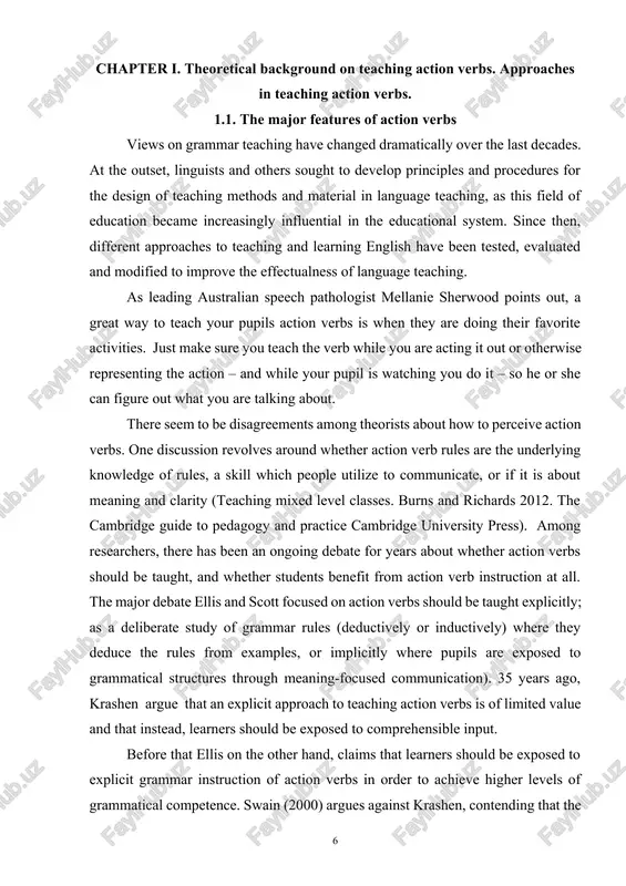 the aim of explicit teaching is “to abandon the aim of teaching grammar for immediate communicative utilize and replace it with a lesser aim – helping learners to develop metalinguistic understanding of grammatical structures.” the aim of implicit grammar teaching is “to embed the teaching of grammar into task-based approach where attention to grammatical form arises naturally out of the attempt to engage in meaning-focused communication” (focused communication tasks. ellis, 2014, p. 10)[footnoteref:2]. [2: ] furthermore, ellis (2006) proposes that action verbs can be taught through corrective feedback, which he defines as “teacher responses to learner errors” (p. 99). there are, however, different views on whether or not the correction of oral errors is beneficial (terrell, 1982), or whether students need feedback at all (ur, p. (1996). a course in language teaching: theory and practice. great britain.). with regard to corrective feedback in written production, there is a comprehensive debate …