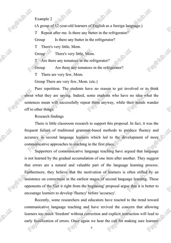 rrection and explicit instruction will lead to early fossilization of errors. once again we hear the call for making sure learners 'get it right from the beginning'. unfortunately, little research has been carried out to test the hypothesis that an early and exclusive emphasis on form will, in the long run, lead to higher levels of linguistic performance and knowledge than an early and exclusive emphasis on meaning. the widespread adoption of communicative language teaching in recent years has meant that researchers in some settings have not been able to find classrooms which are exclusively form-oriented in order to make direct comparisons with classrooms that are exclusively meaning-oriented. none the less, there are findings from second language classroom research which are relevant to this issue. these include descriptive studies of the interlanguage development of second language learners in audiolingual programs (study 1), and studies of the development of second language …