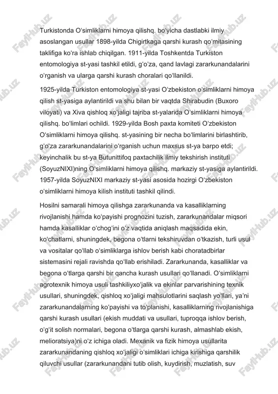 ga. oʻsimliklarni mikrobiologik himoya usulida kasallik hamda zararkunandalarga qarshi kurashish uchun mikroorganizmlardan foydalaniladi. oʻsimliklarni uygʻunlashgan — integral himoya usulida zararkunanda hasharotlar hamda kanalarga qarshi kurashish uchun kimyoviy va biologik kurash usullari birgalikda olib boriladi. bunda odam tomonidan buzilgan agrobitsenozdagi turlar nisbatan tiklanadi, bu esa biosferani muhofaza qilishning muhim omillaridan biridir. oʻsimliklarni himoya qilishq. nazariyasini yaratishda s.n. lgimuhamedov, n. g. zaprometov, v. a. znamenskiy, k.i.mirpoʻlatov, m.n. narziqulov, r.o. olimjonov, t.d.straxov, v.n.shchegolev, v.v.yaxontov va boshqalar ning ishlari katta ahamiyatga ega boʻldi. oʻzbekistonda oʻsimliklarni himoya qilishq. boʻyicha amaliy tadbirlarni qishloq va suv xoʻjaligi vazirligi oʻsimliklarni himoya qilish markazi rejalashtiradi, uyushtiradi va bajarilishini nazorat qiladi. u.ning huzuridagi oʻsimliklarni himoya qilishq. st-yalari, kasallik, zararkunandalarning tarqalishi va koʻpayishidan ogohlantirish punktlari (156 ta) da bevosita oʻsimliklarni himoya qilishq. tadbirlari bajariladi. oʻzbekiston oʻsimliklarni himoya qilish institutida, oliy oʻquv yurtlari, tajriba st-yalarida shu sohaga oid ilmiy ishlar olib boriladi. oʻzbekiston respublikasida oʻsimliklarni himoya qilishq. sohasidagi davlat boshqaruvi va nazorati …