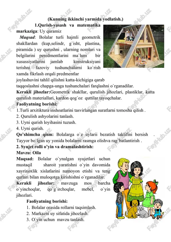 :bolalarda o`z uyini sevish va uni asrash tuyg`ularining shakllanishiga ahamiyat beriladi. xulosa: ta’limiy o’yin faoliyatida faol qatnashgan bolalar rag’batlantiriladi. bolalar bilimini tekshirish uchun bog’cha bo’ylab sayr uyushtirish: tabiatdagi o’zgarishalar jonli tarzda ko’rsatiladi. savollar: 1. bolajonlar biz nimalar haqida suhbatlashdik? 2.o`z uyingiz haqida bilib oldingizmi? 3. oila deganda nimani tushundingiz? 4. orzuyingizdagi uyni yasay oldingizmi? 5. topishmoq va she`rlarni takrorlash? tarbiyachi: barakalla bolajonlar siz “men va mening” uyim mavzusi haqida va haqida bilib oldingiz, bu bilan siz tabiatga mehr quyishni ham o’rgandingiz. faol ishtirokchilar rag`batlantiriladi. image5.jpeg image6.jpeg image7.jpeg image8.png image9.jpeg image10.jpeg image11.jpeg image12.jpeg image13.jpeg image14.jpeg image15.jpeg image16.jpeg image17.jpeg image18.jpeg image19.jpeg image1.jpeg image2.jpeg image3.jpeg image4.png